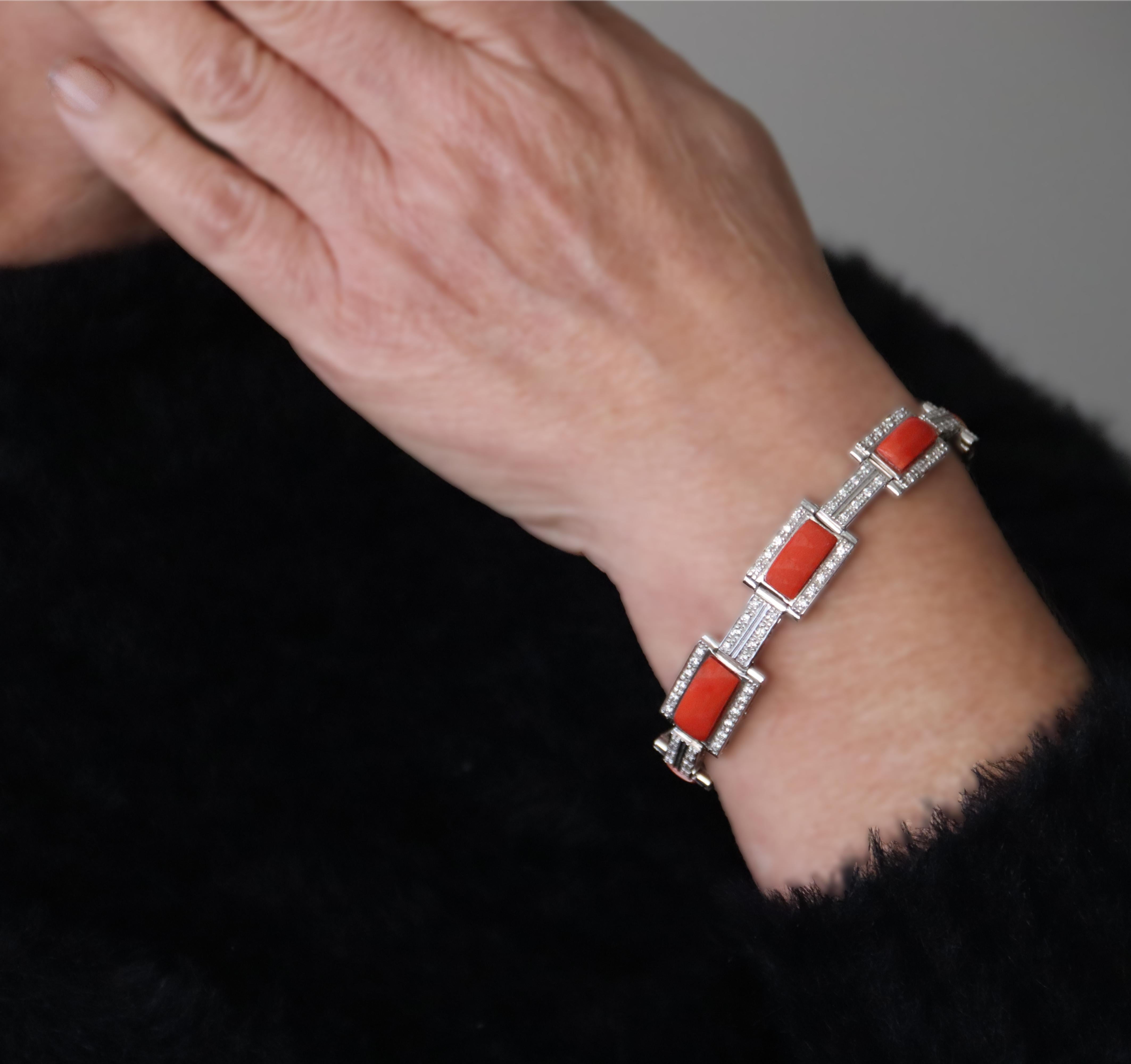 Coral Diamonds 18 Karat White Gold Cuff Bracelet For Sale 3