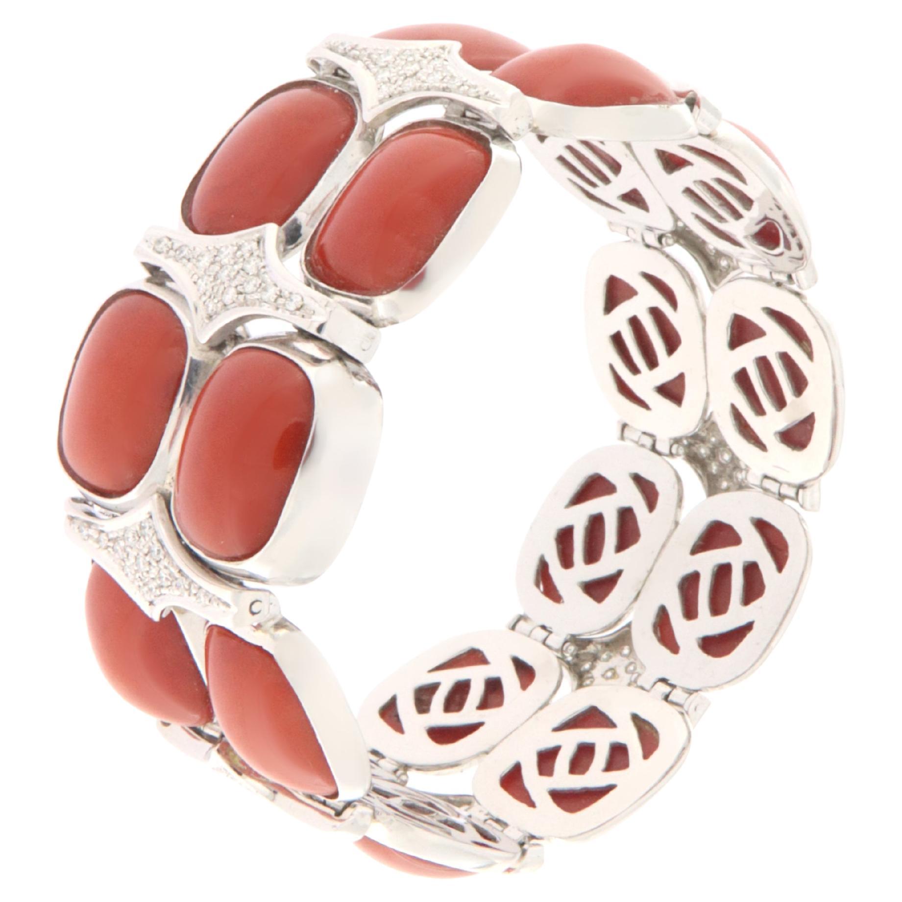 Coral Diamonds 18 Karat White Gold Cuff Bracelet For Sale