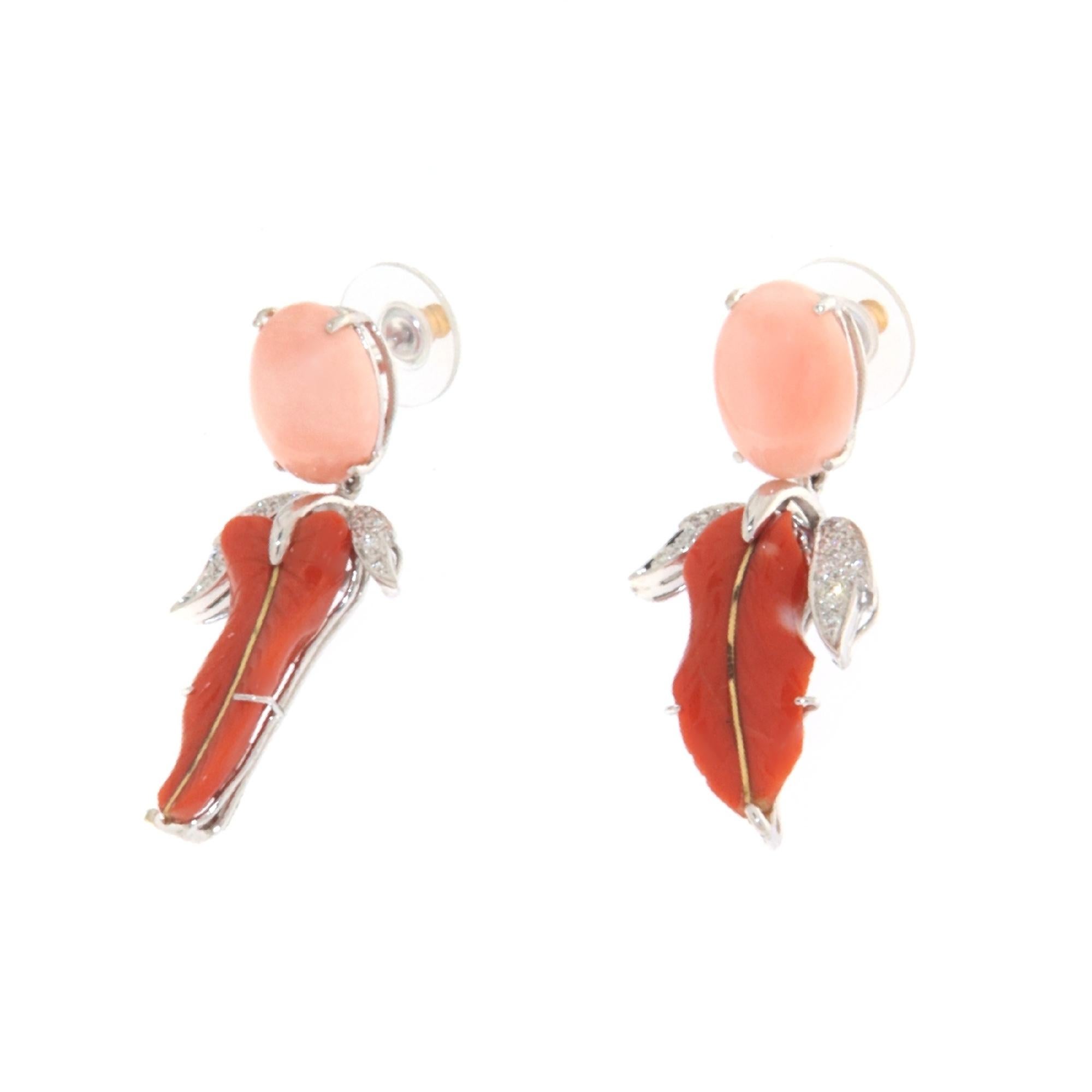 Artisan Coral Diamonds 18 Karat White Gold Drop Earrings For Sale