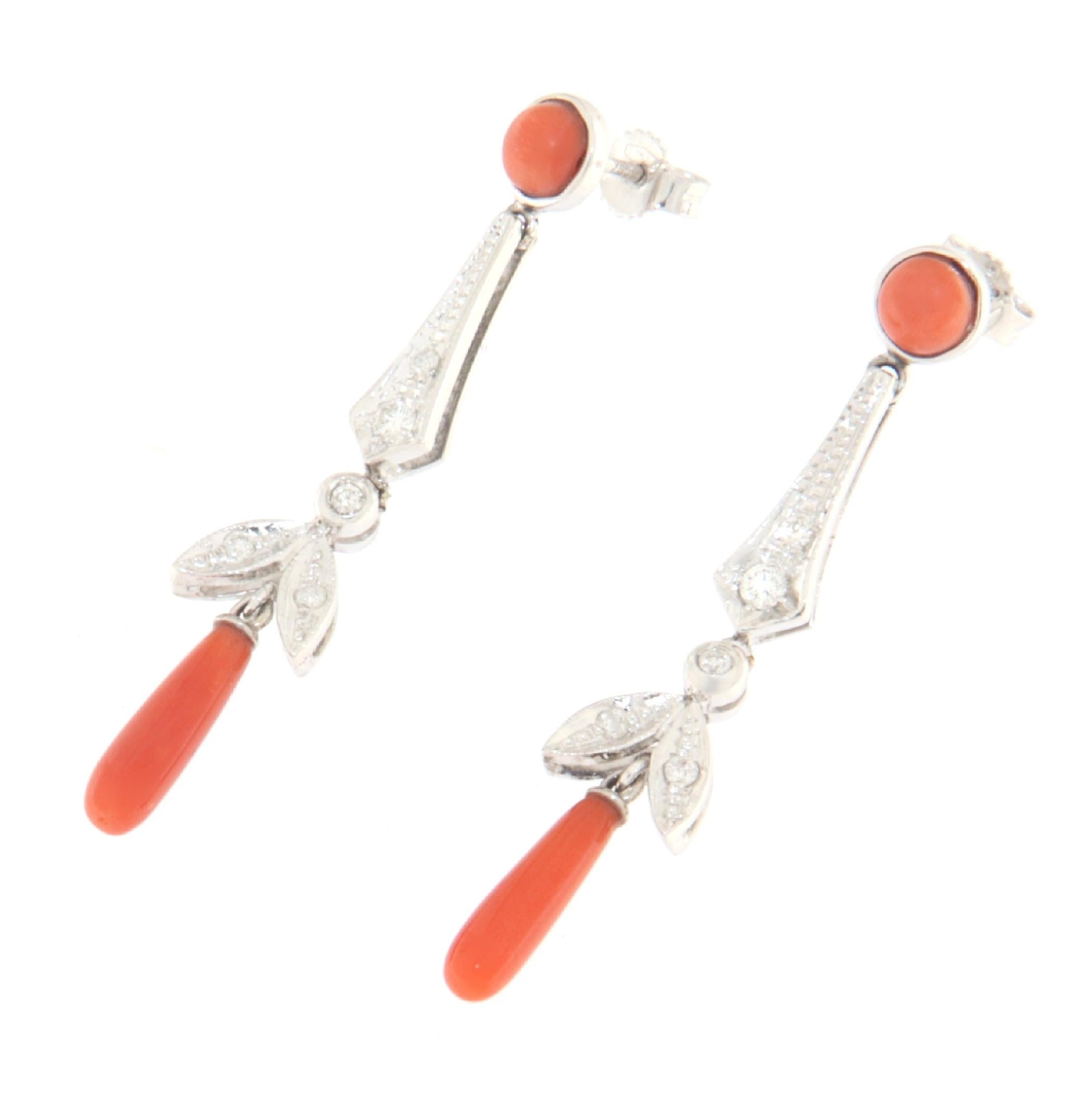 Artisan Coral Diamonds 18 Karat White Gold Drop Earrings For Sale