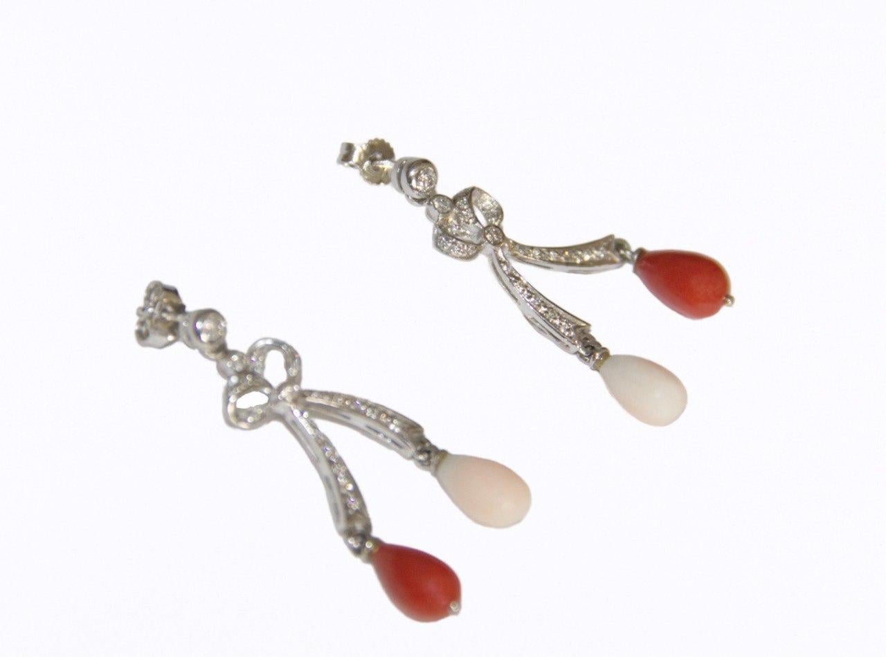 Artisan Coral Diamonds 18 Karat White Gold Drop Earrings For Sale