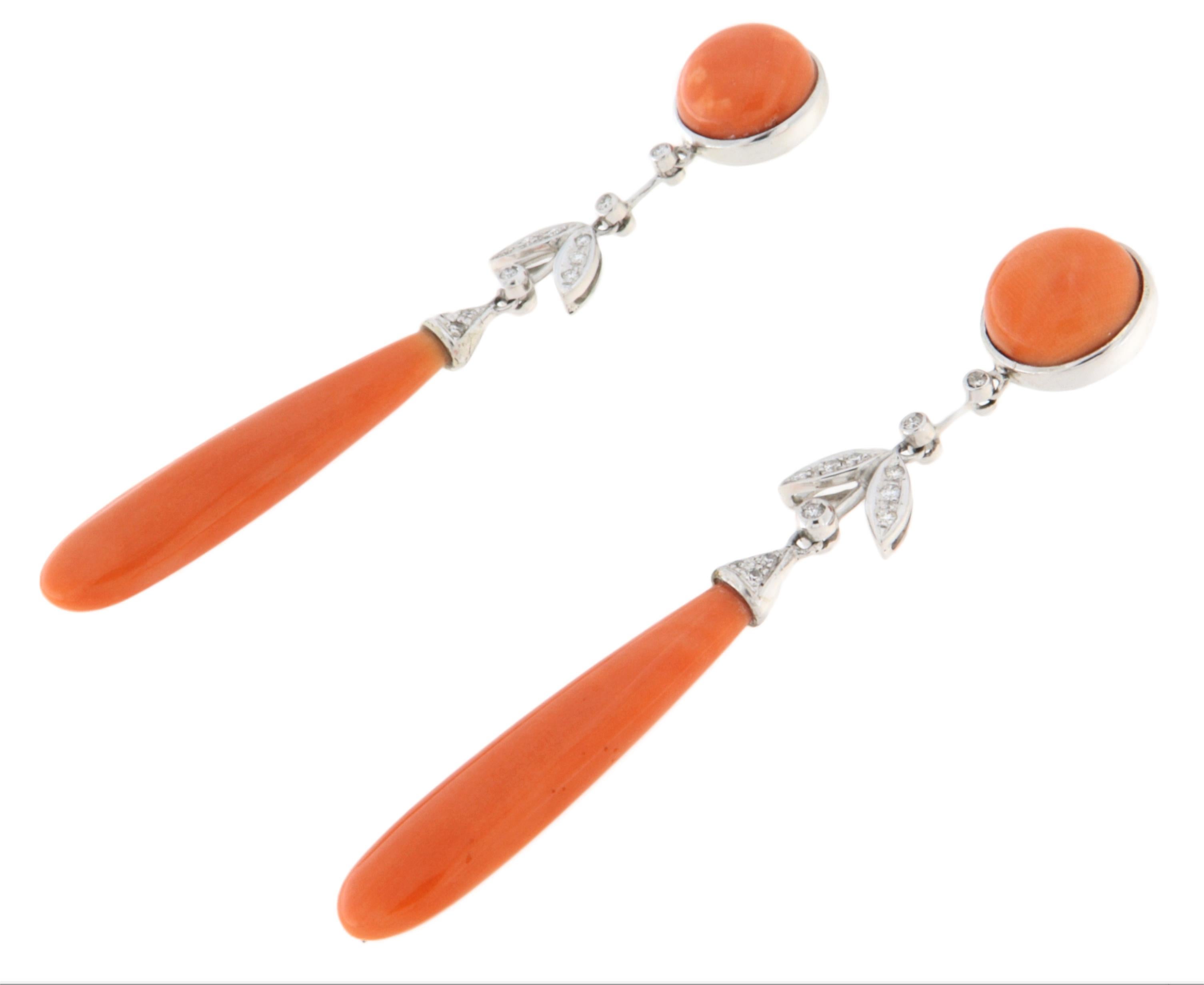 Artisan Coral Diamonds 18 Karat White Gold Drop Earrings For Sale
