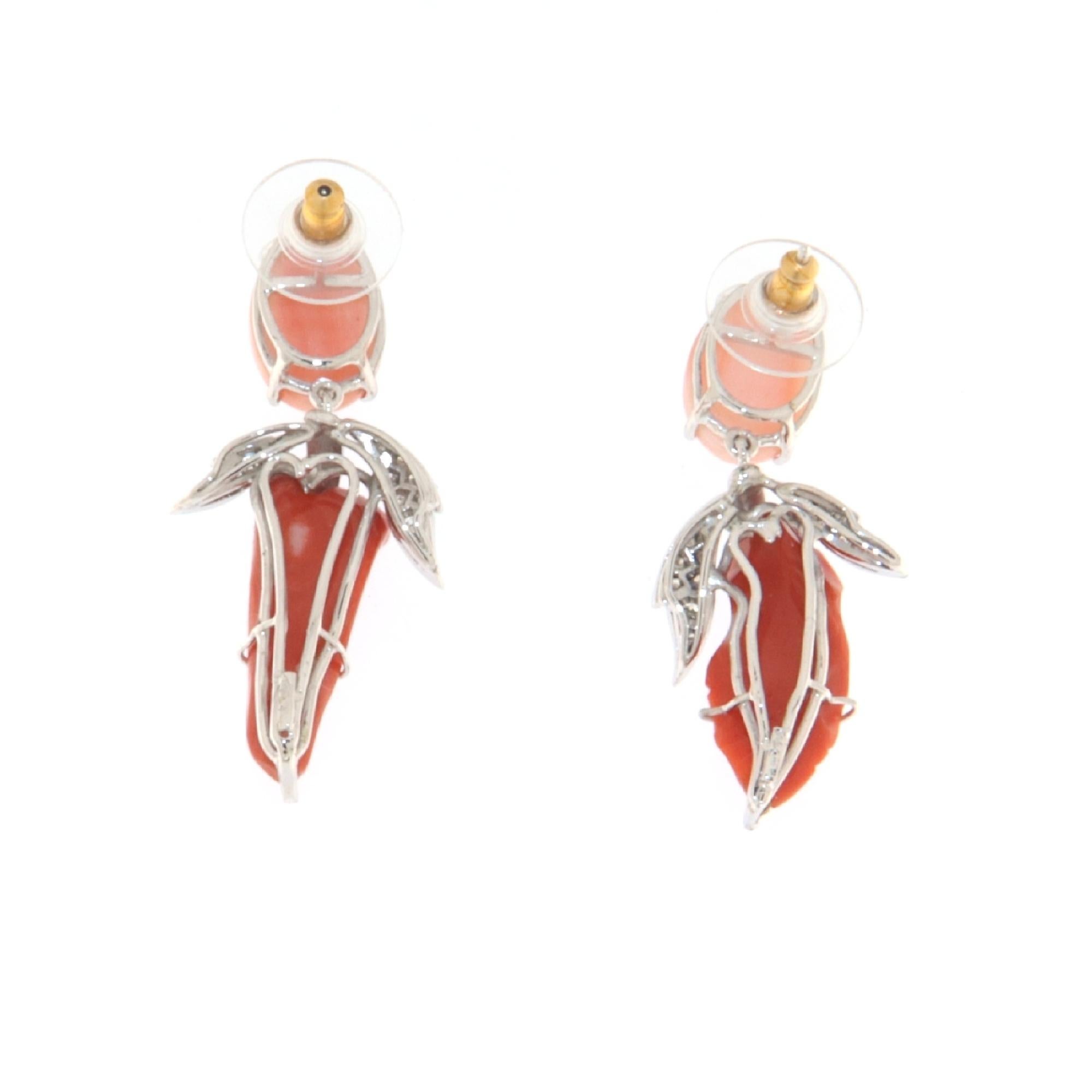 Mixed Cut Coral Diamonds 18 Karat White Gold Drop Earrings For Sale