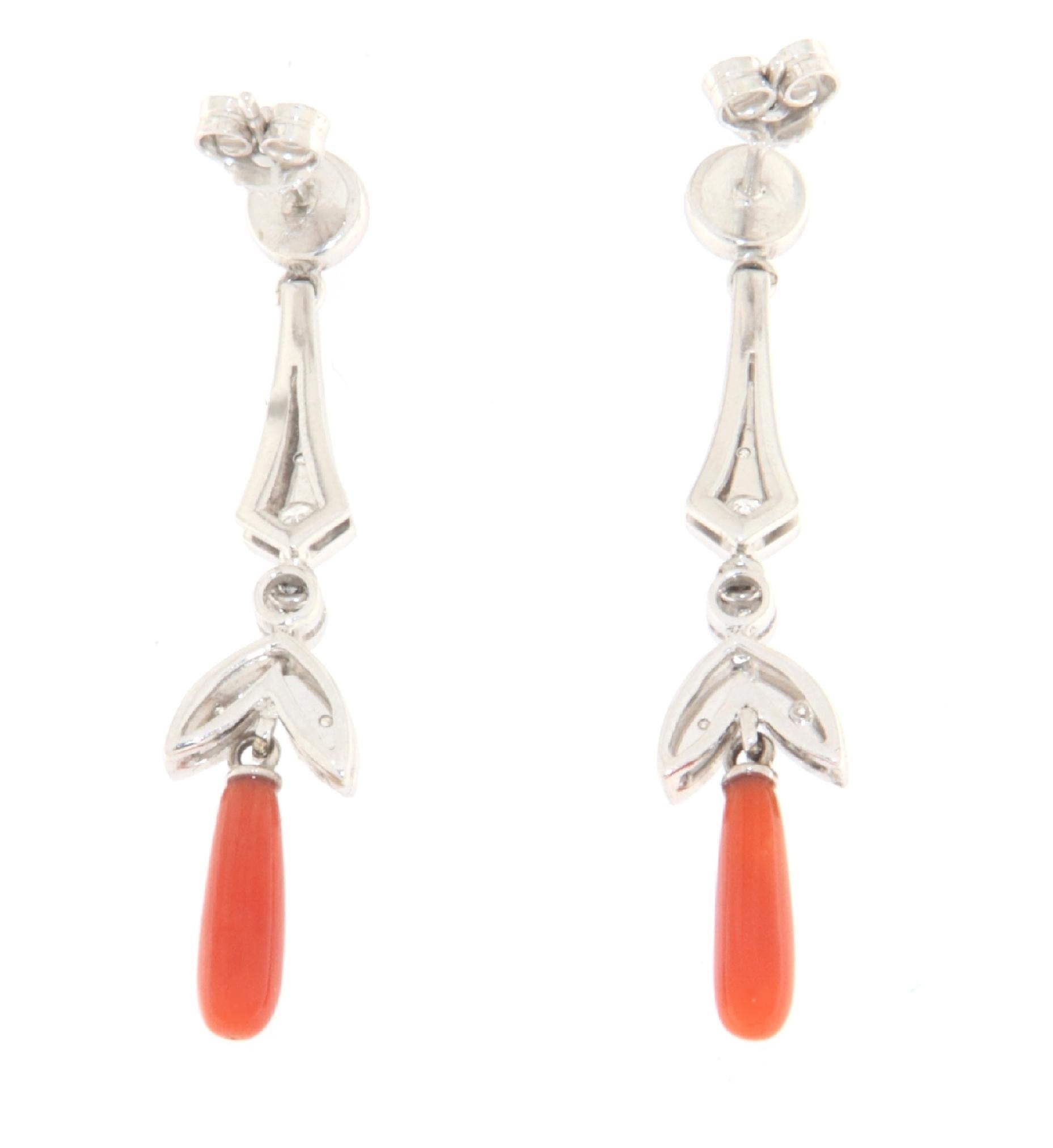 Brilliant Cut Coral Diamonds 18 Karat White Gold Drop Earrings For Sale