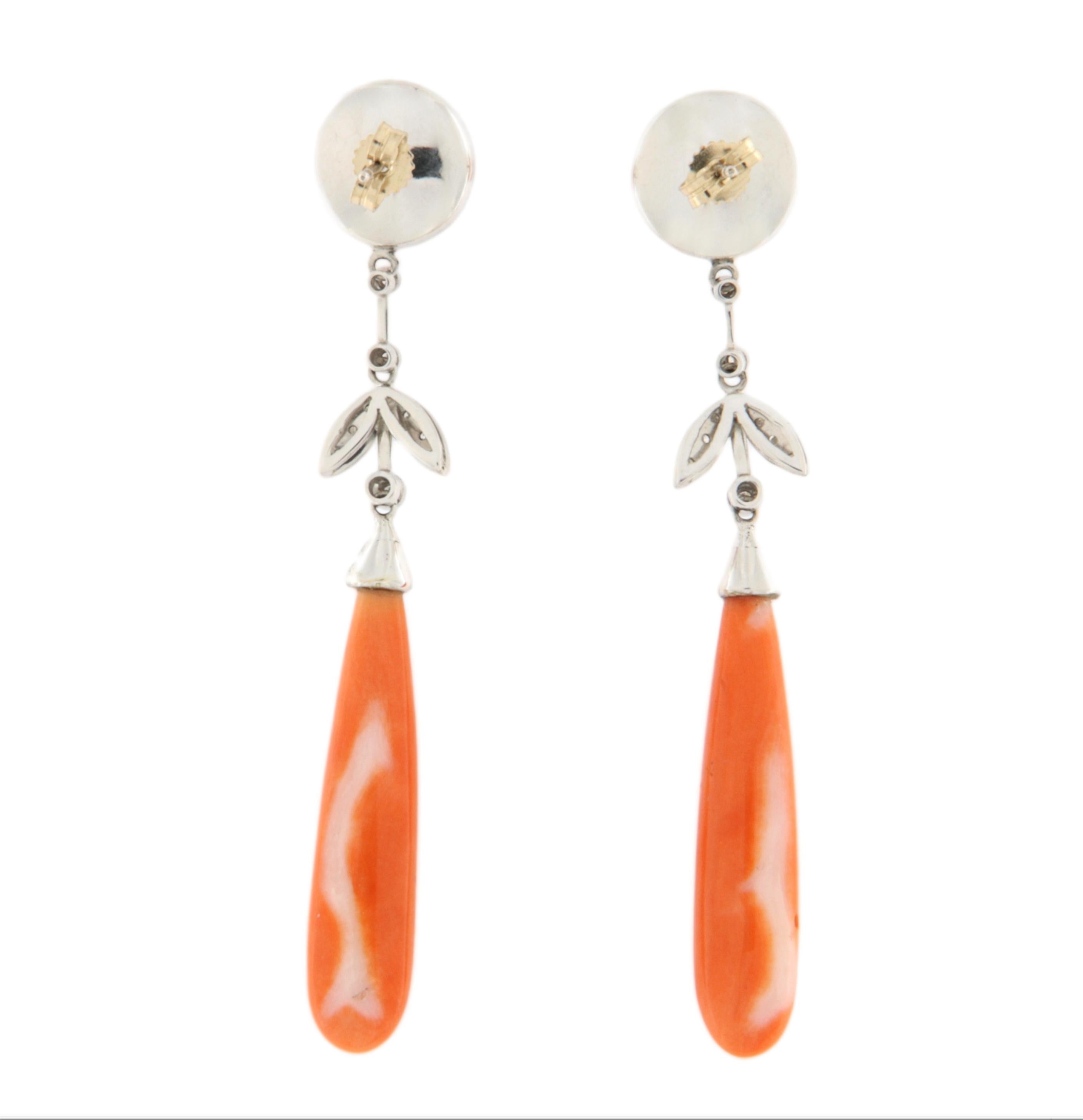 Brilliant Cut Coral Diamonds 18 Karat White Gold Drop Earrings For Sale