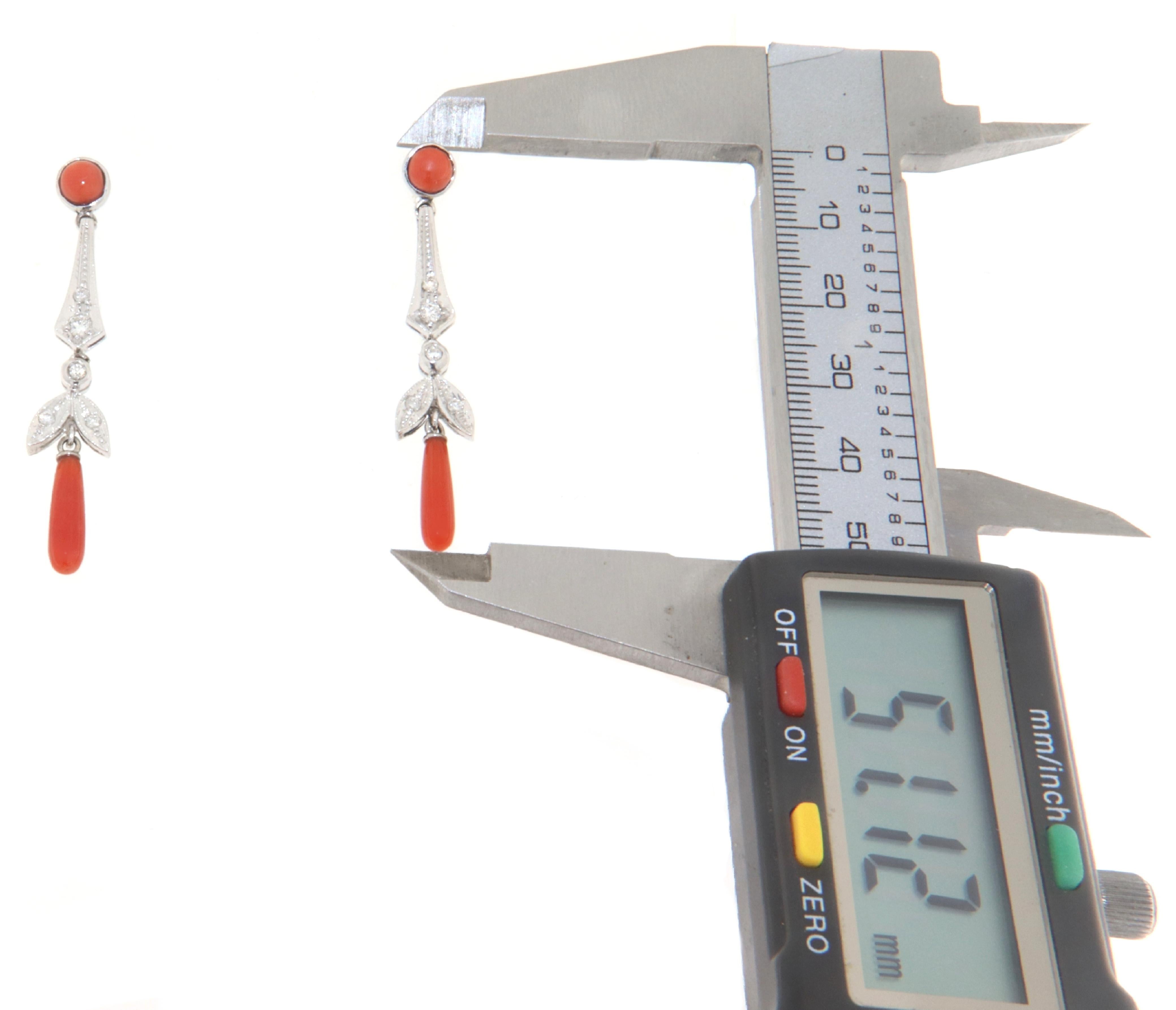 Women's Coral Diamonds 18 Karat White Gold Drop Earrings For Sale