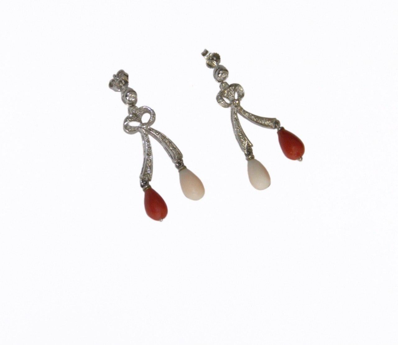Women's Coral Diamonds 18 Karat White Gold Drop Earrings For Sale