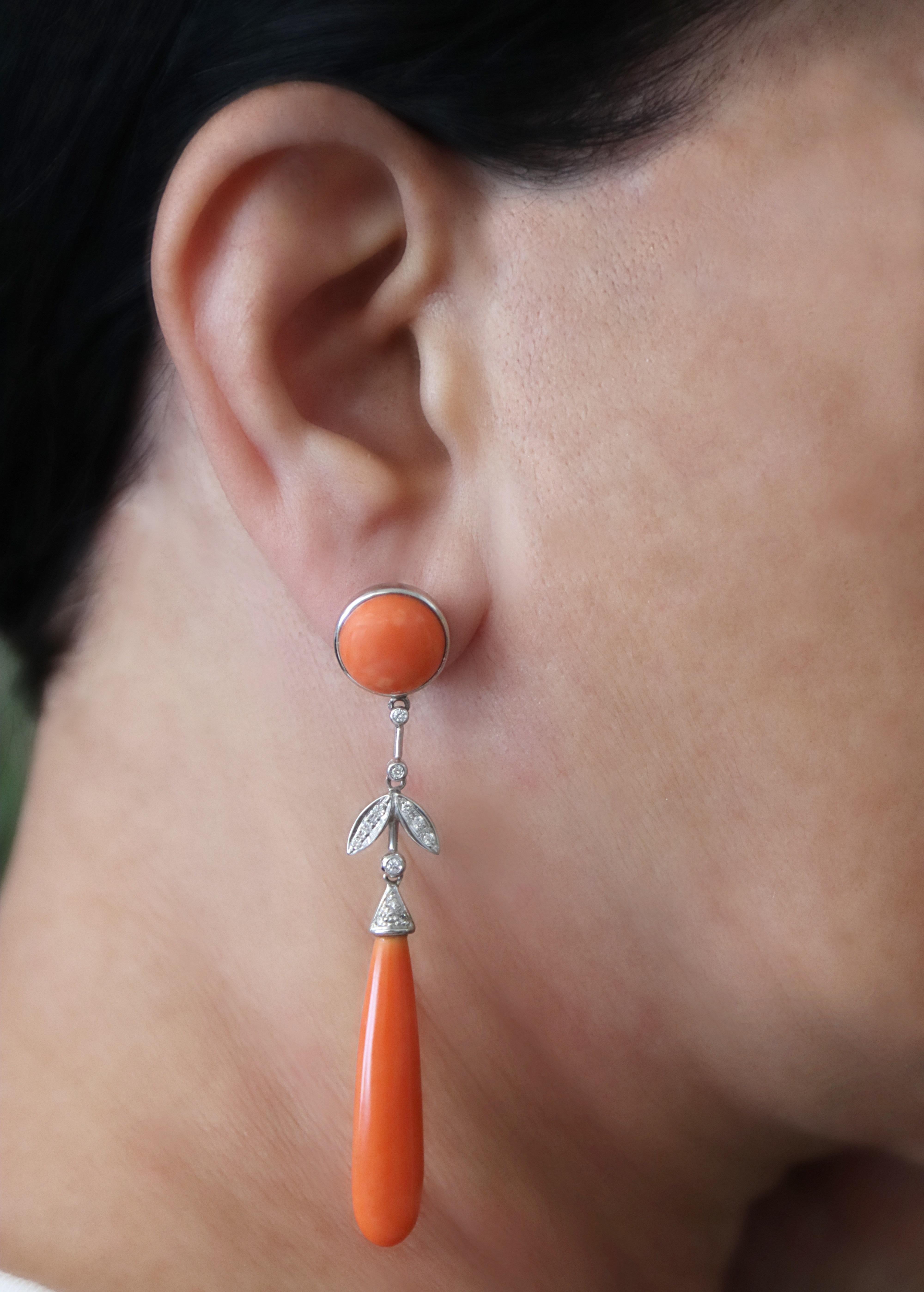 Women's Coral Diamonds 18 Karat White Gold Drop Earrings For Sale