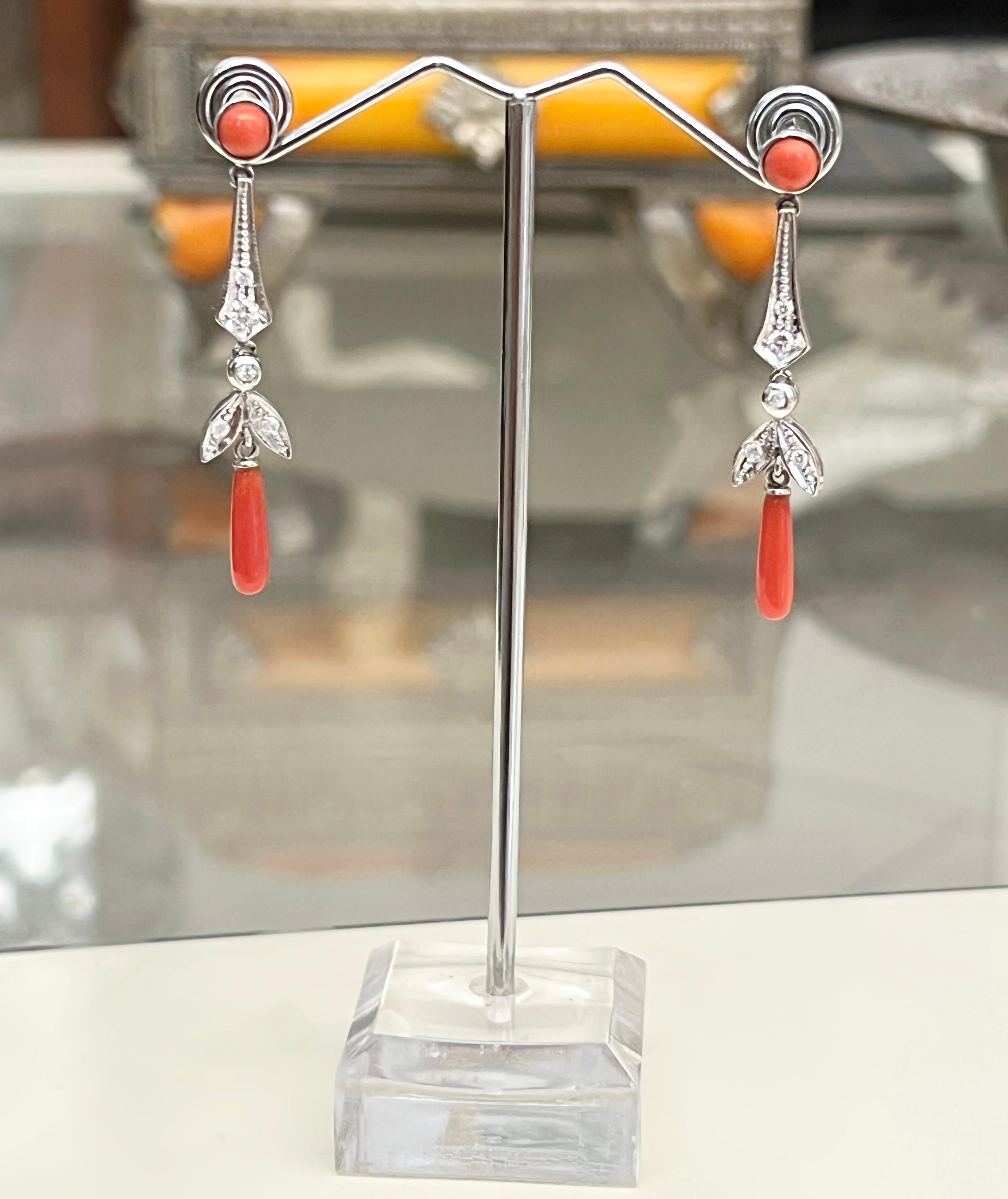 Coral Diamonds 18 Karat White Gold Drop Earrings For Sale 1