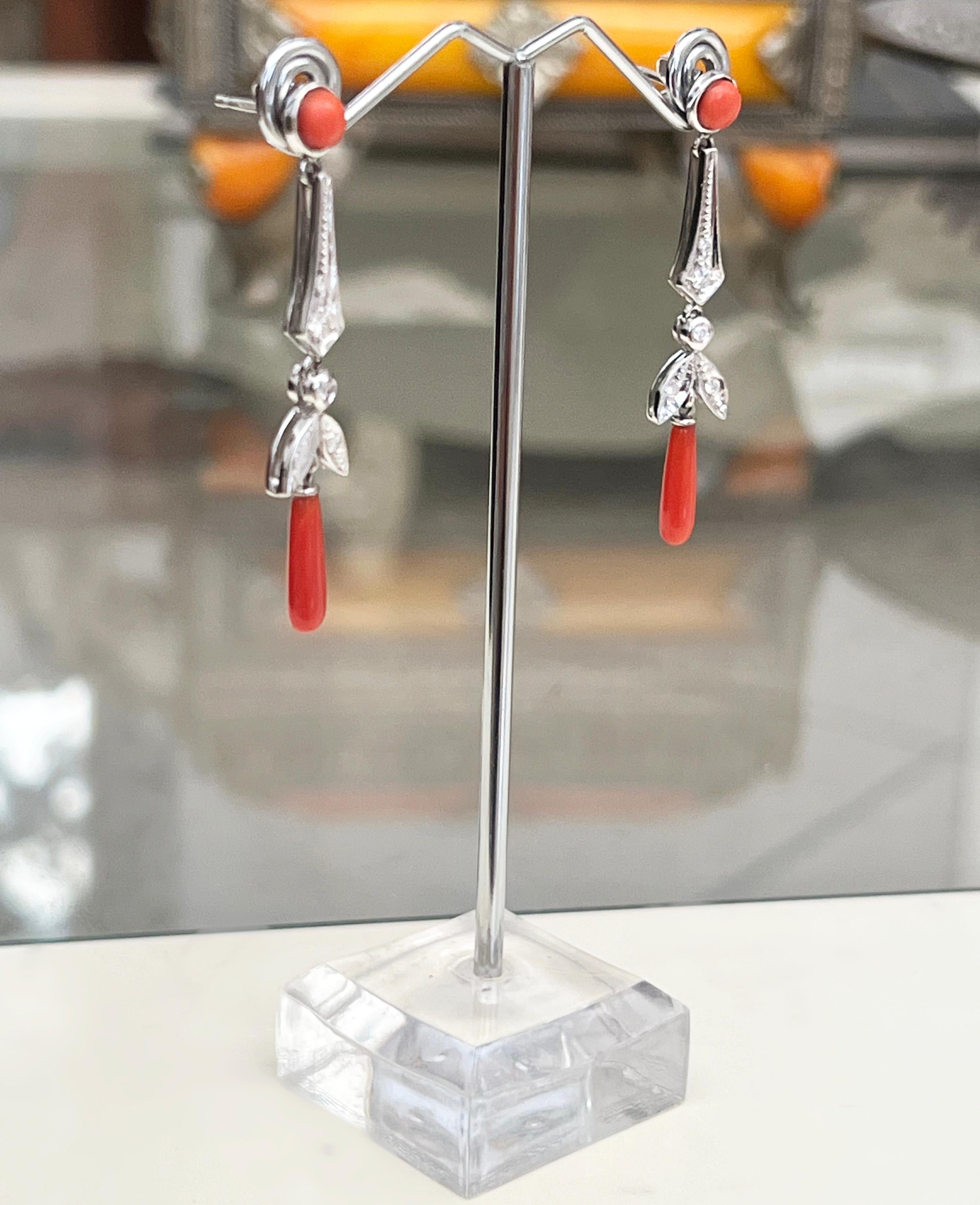 Coral Diamonds 18 Karat White Gold Drop Earrings For Sale 2