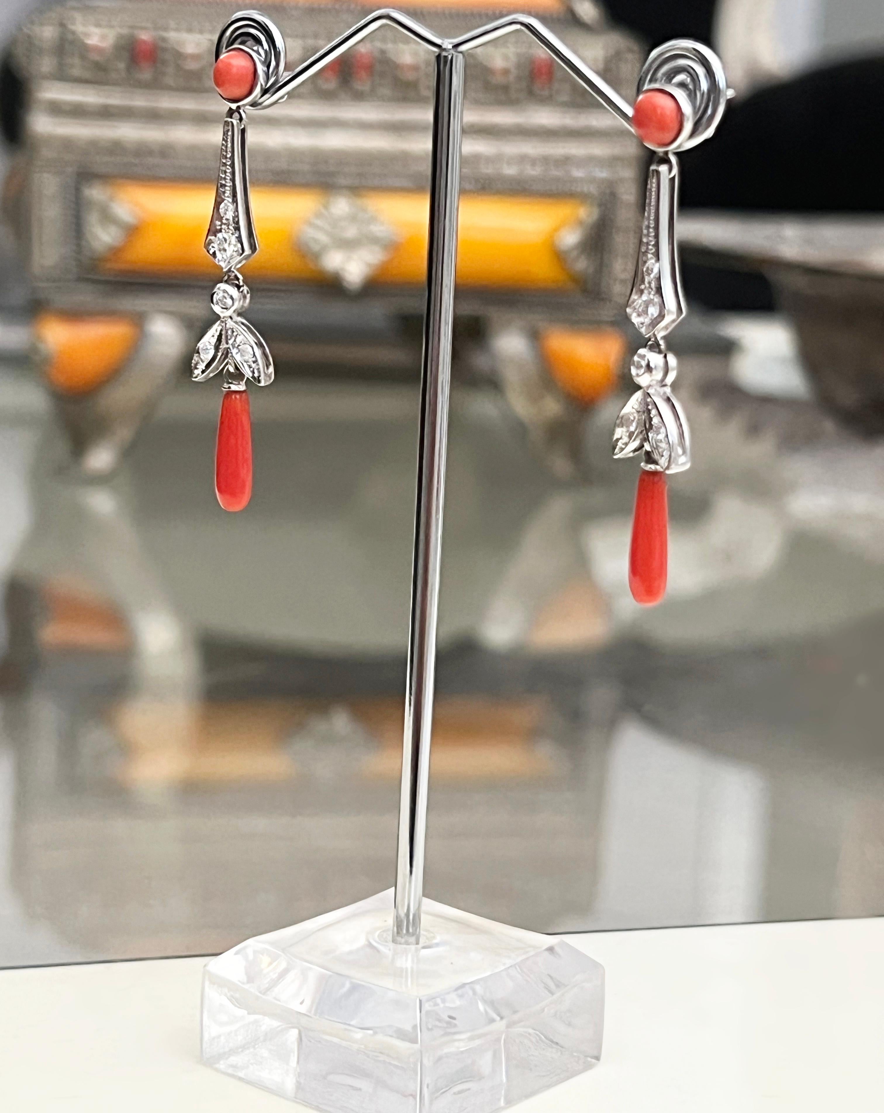 Coral Diamonds 18 Karat White Gold Drop Earrings For Sale 3