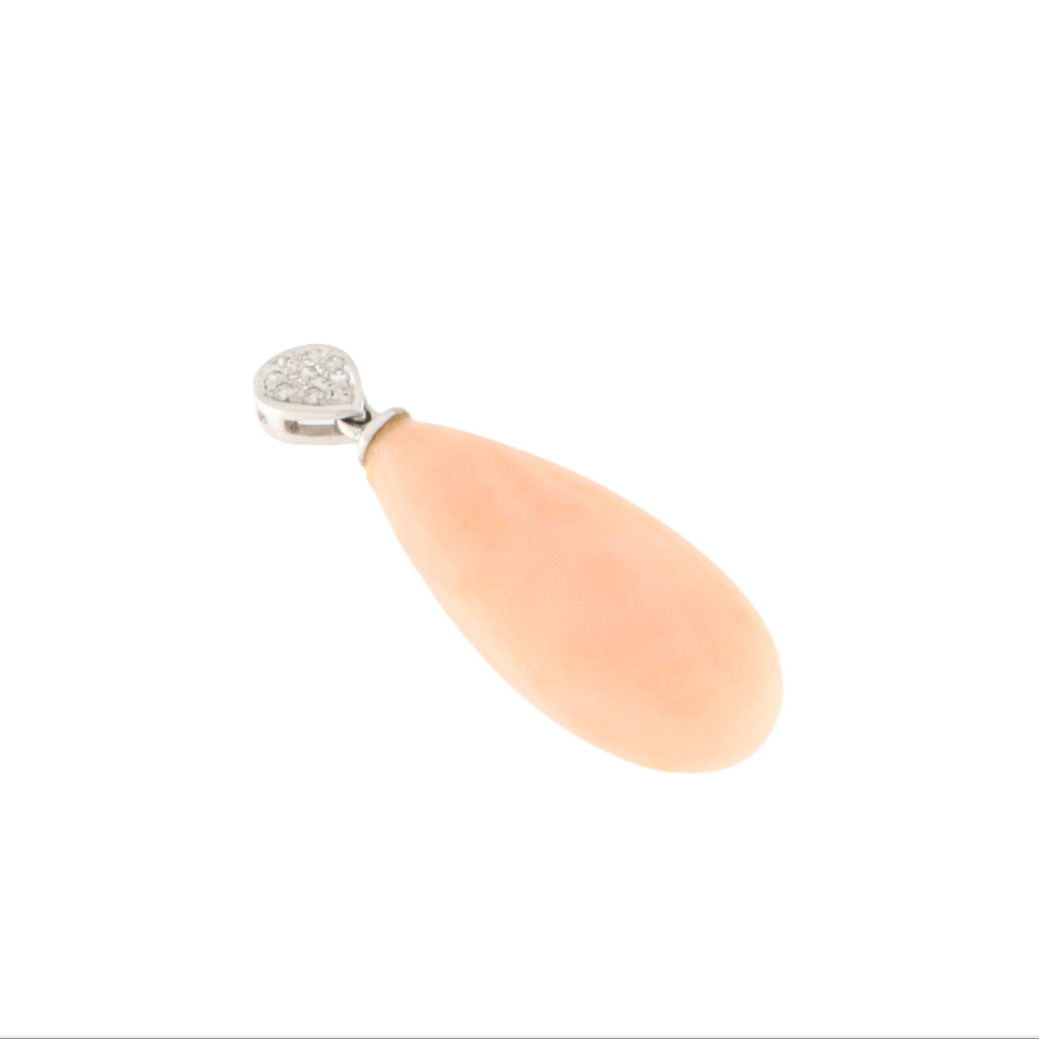 Artisan Coral Diamonds 18 Karat White Gold Pendant Necklace For Sale
