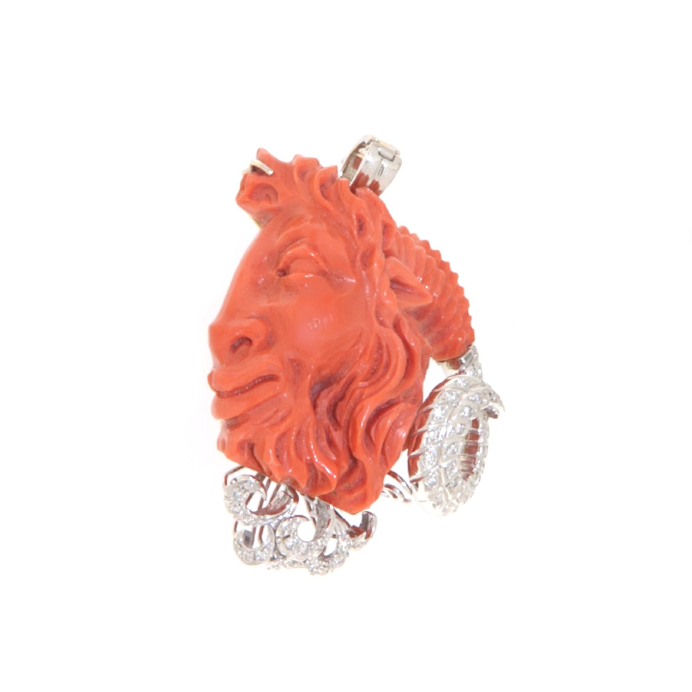 Artisan Coral Diamonds 18 Karat White Gold Pendant Necklace For Sale