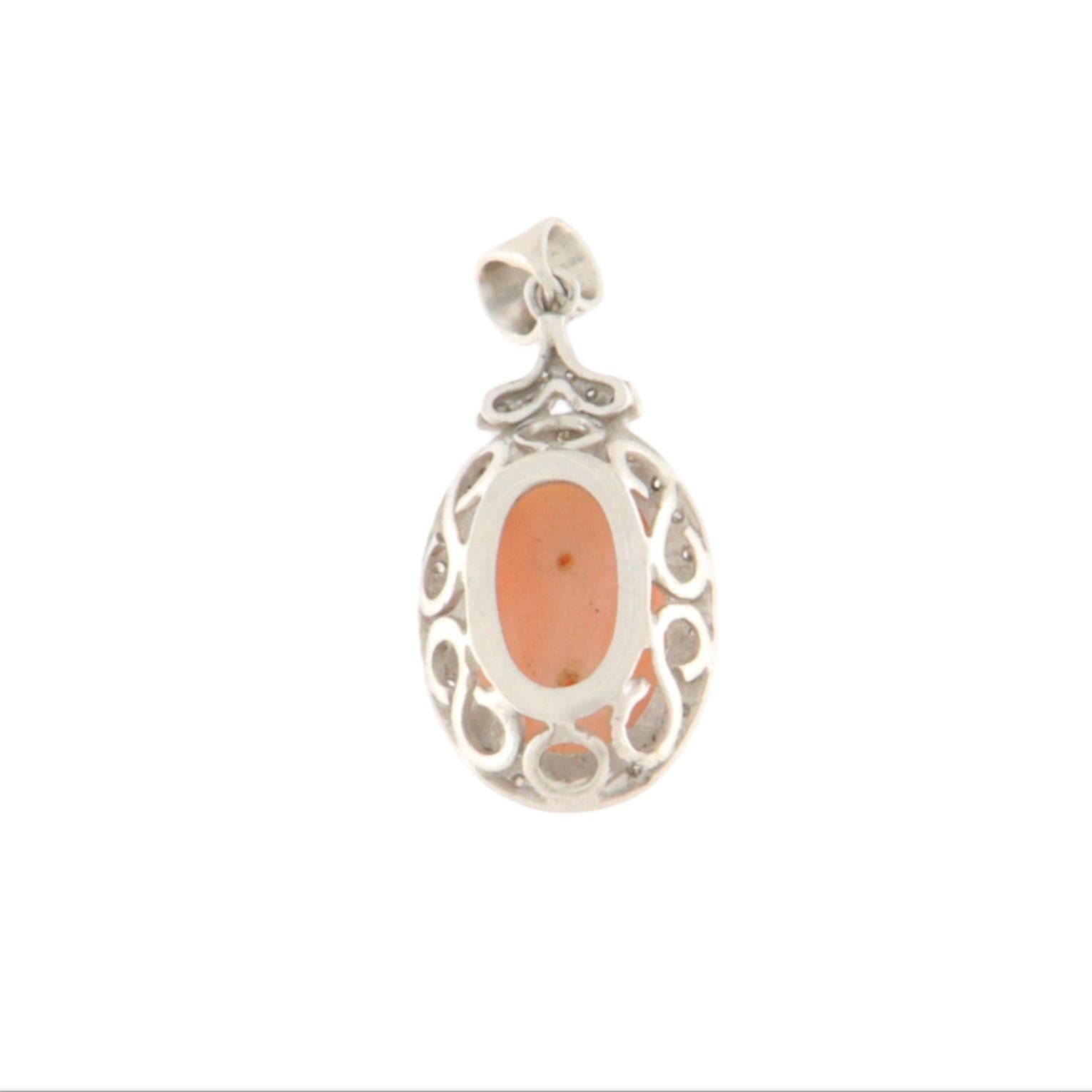 Artisan Coral Diamonds 18 Karat White Gold Pendant Necklace For Sale
