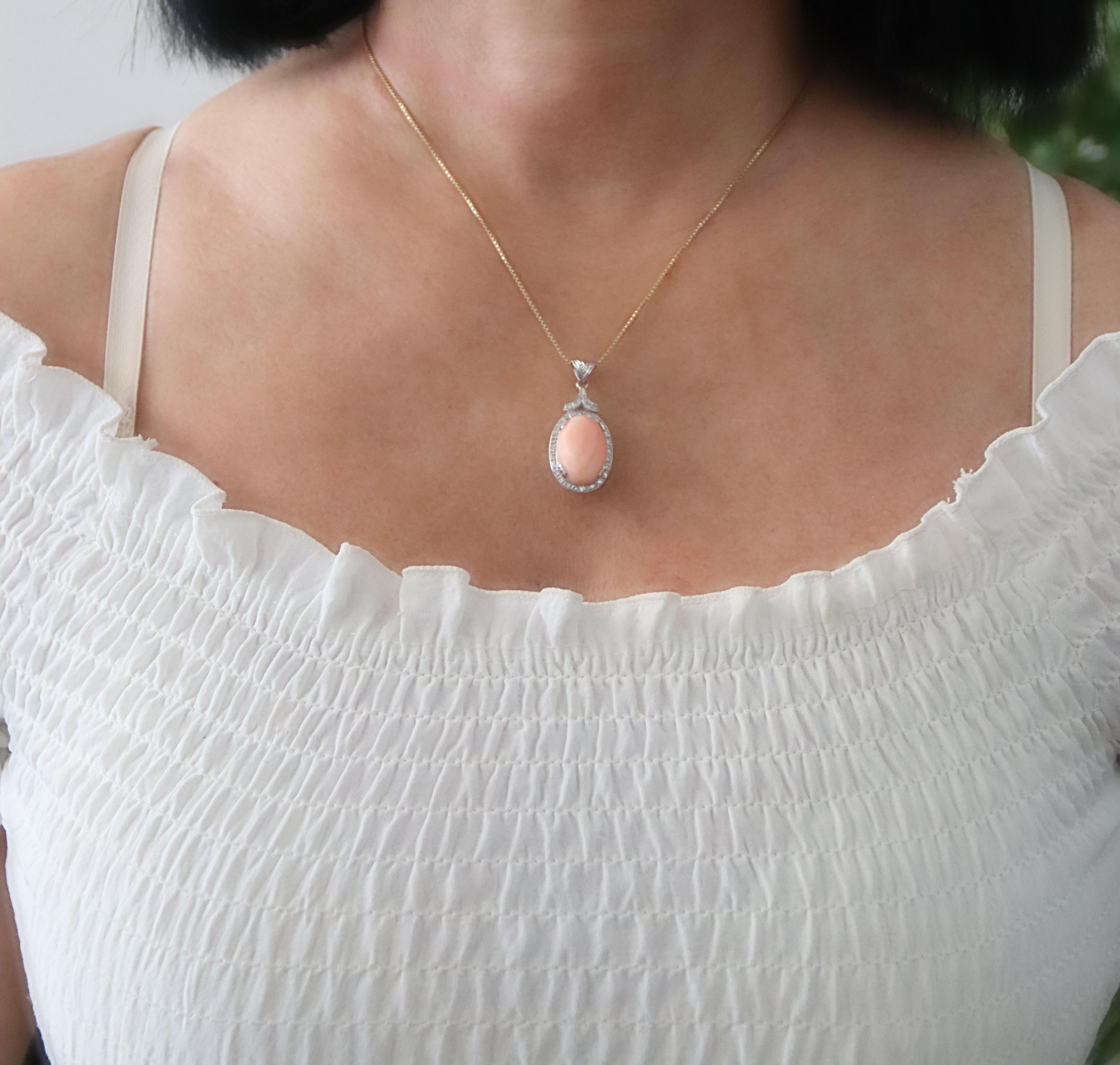 Women's Coral Diamonds 18 Karat White Gold Pendant Necklace For Sale