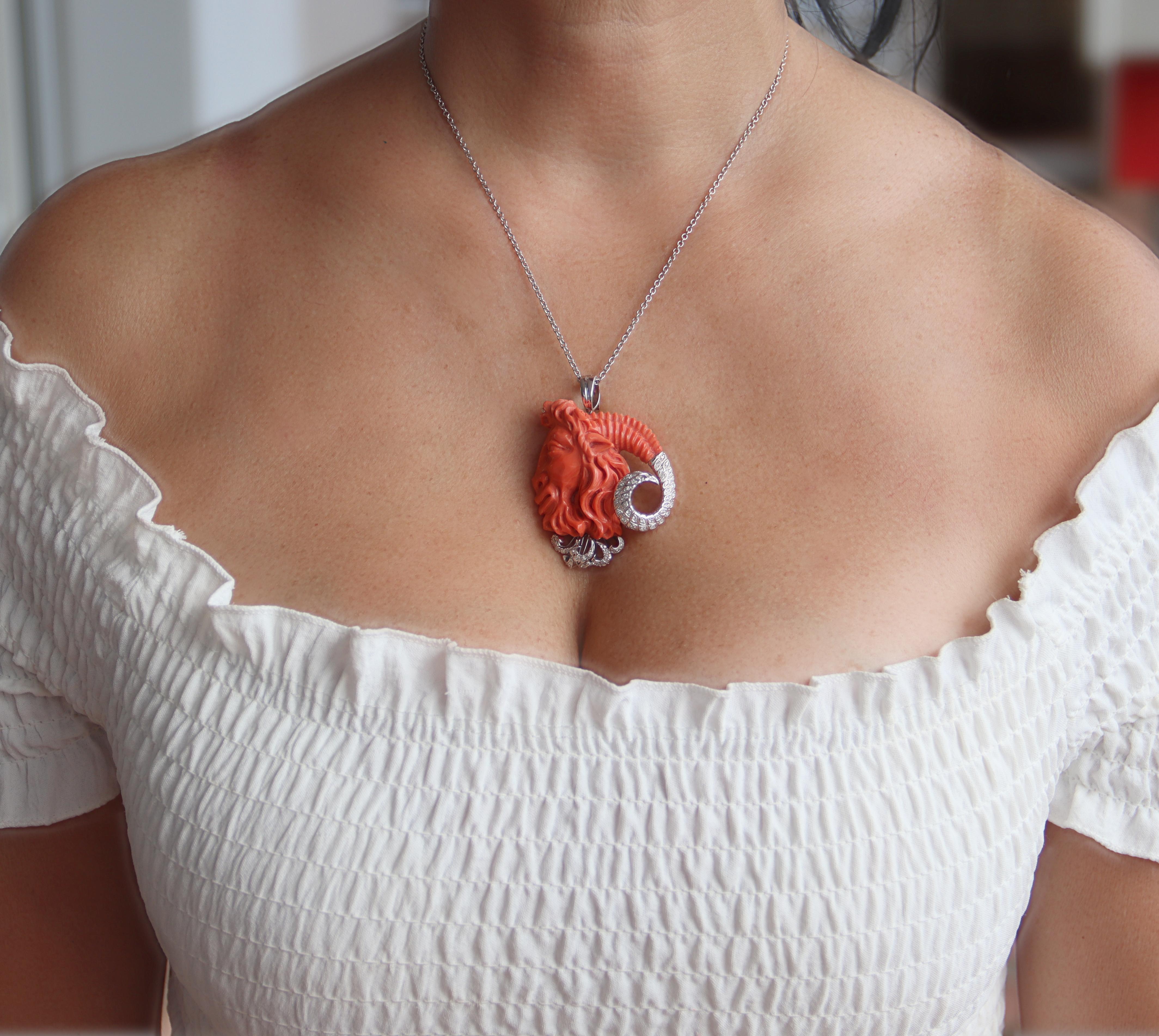 Coral Diamonds 18 Karat White Gold Pendant Necklace For Sale 2