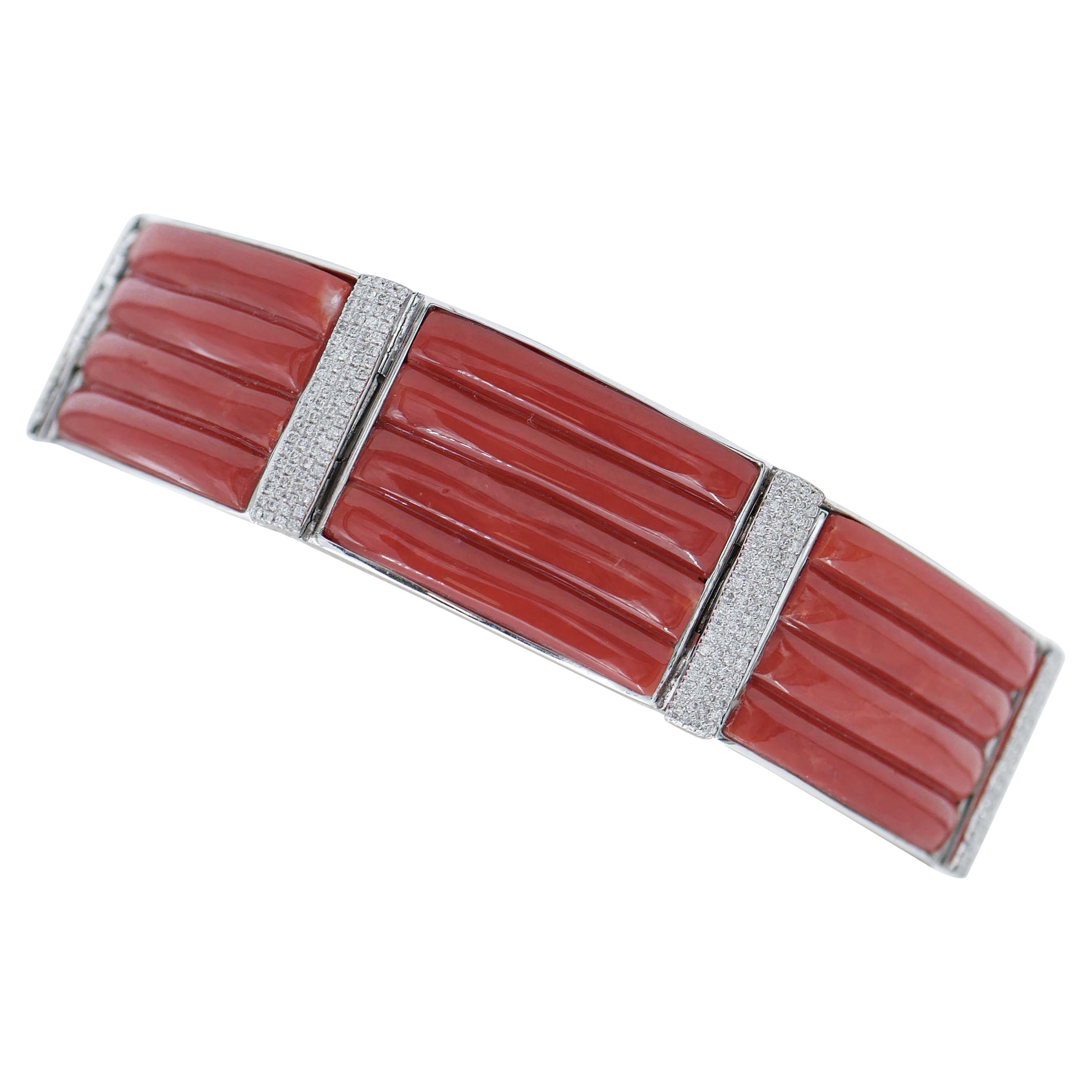 Coral, Diamonds, 18 Karat White Gold Retrò Bracelet