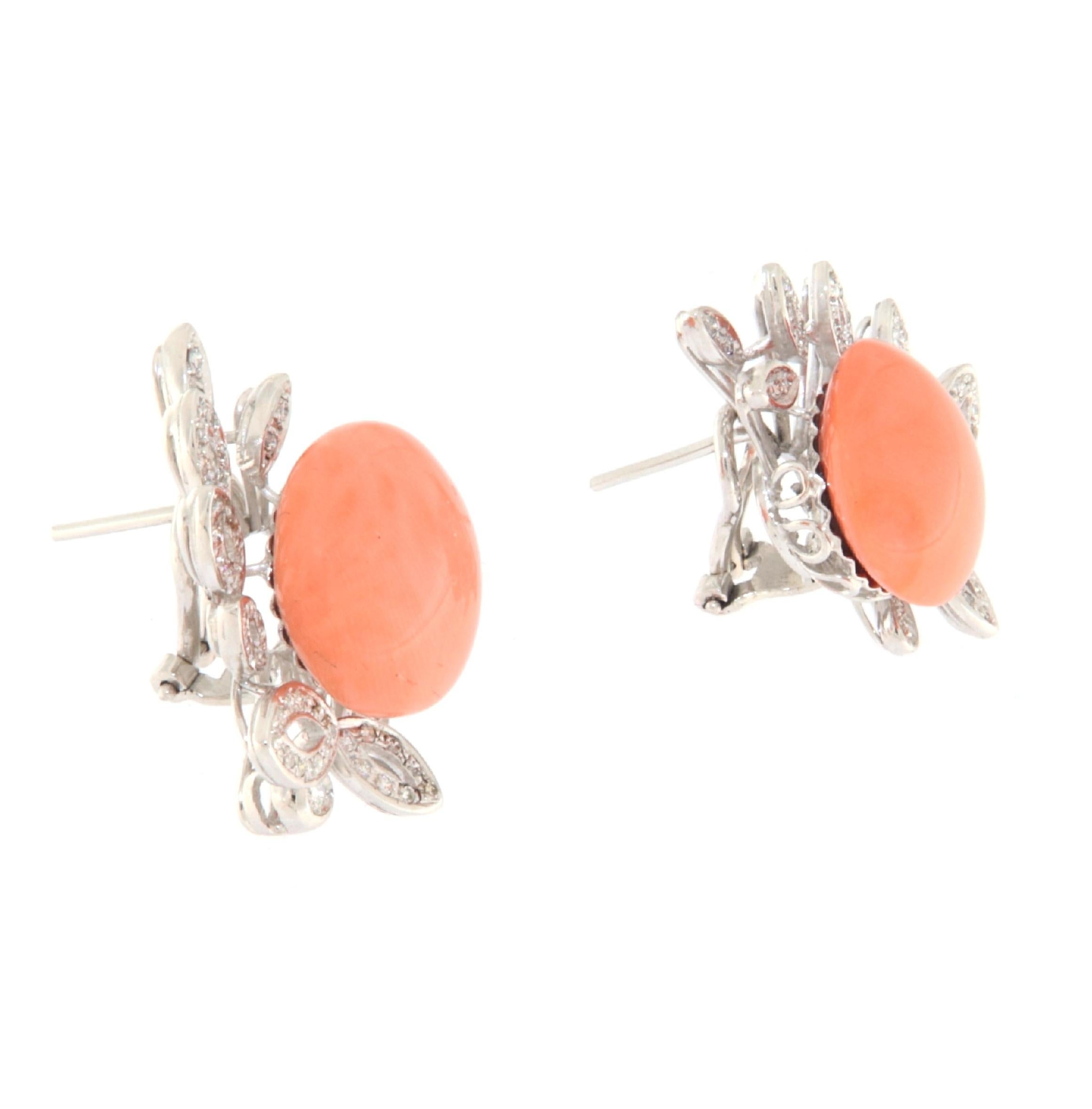 Artisan Coral Diamonds 18 Karat White Gold Stud Earrings For Sale