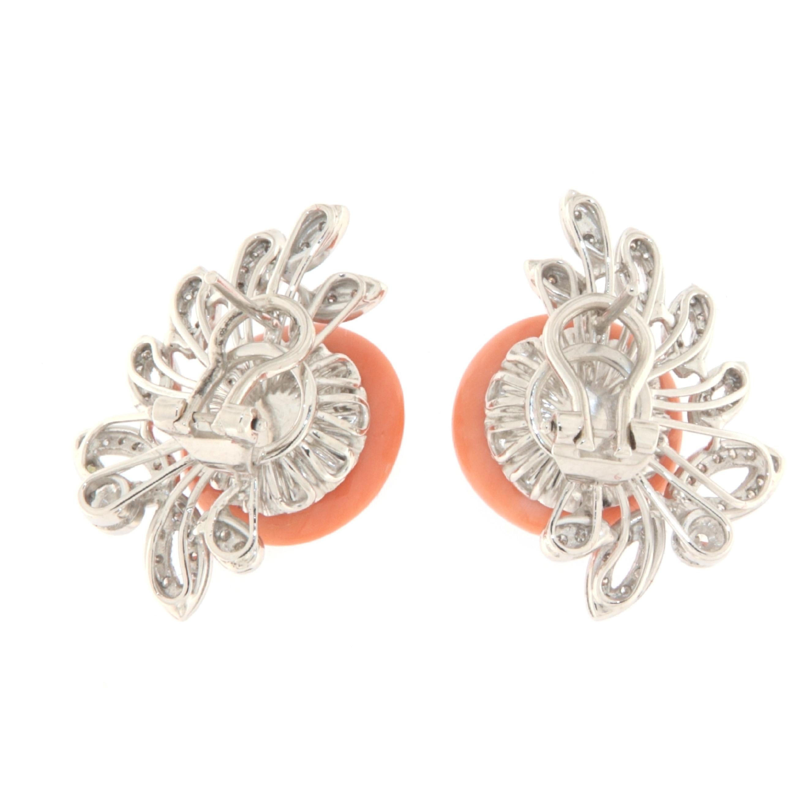 Brilliant Cut Coral Diamonds 18 Karat White Gold Stud Earrings For Sale