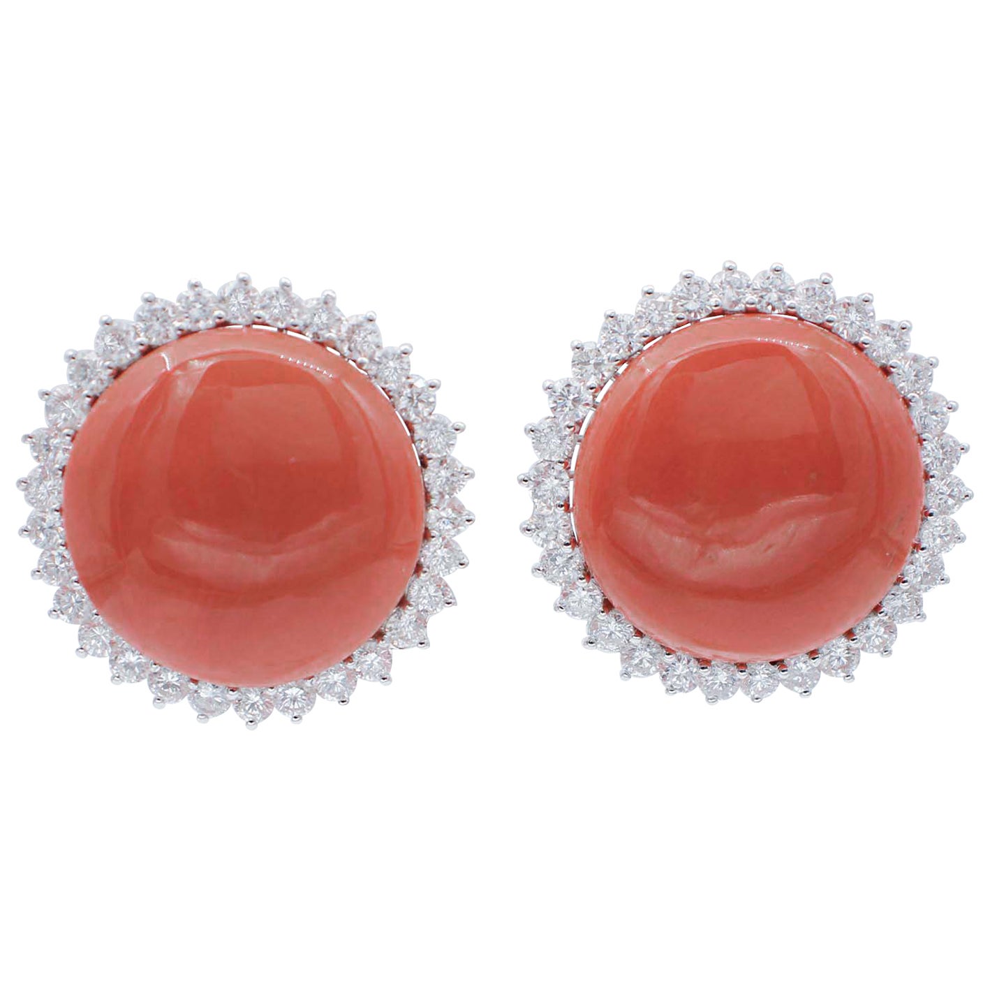 Coral, Diamonds, 18 Karat White Gold Stud Earrings For Sale