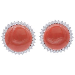 Coral, Diamonds, 18 Karat White Gold Stud Earrings