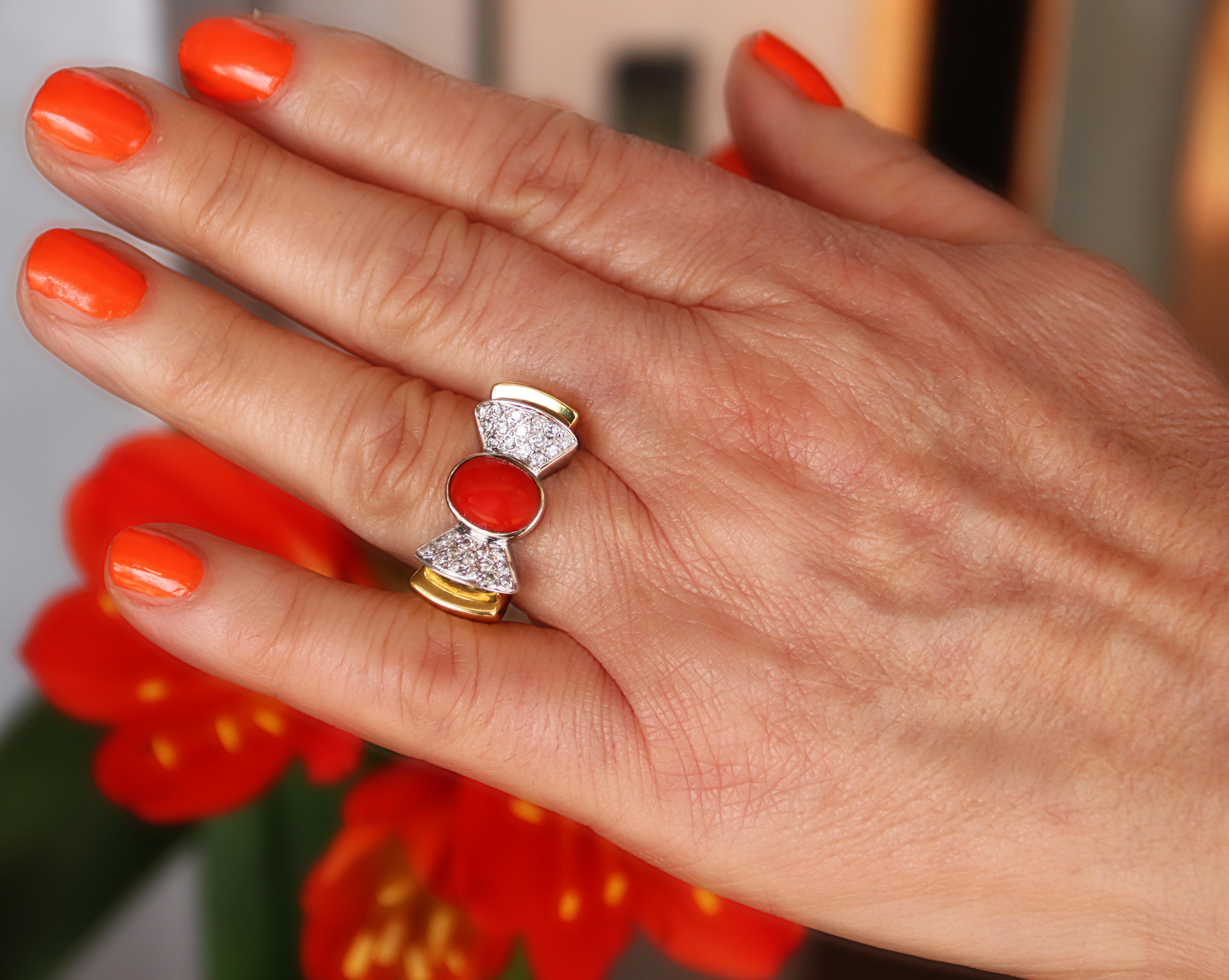 Coral Diamonds 18 Karat Yellow And White Gold Cocktail Ring For Sale 4