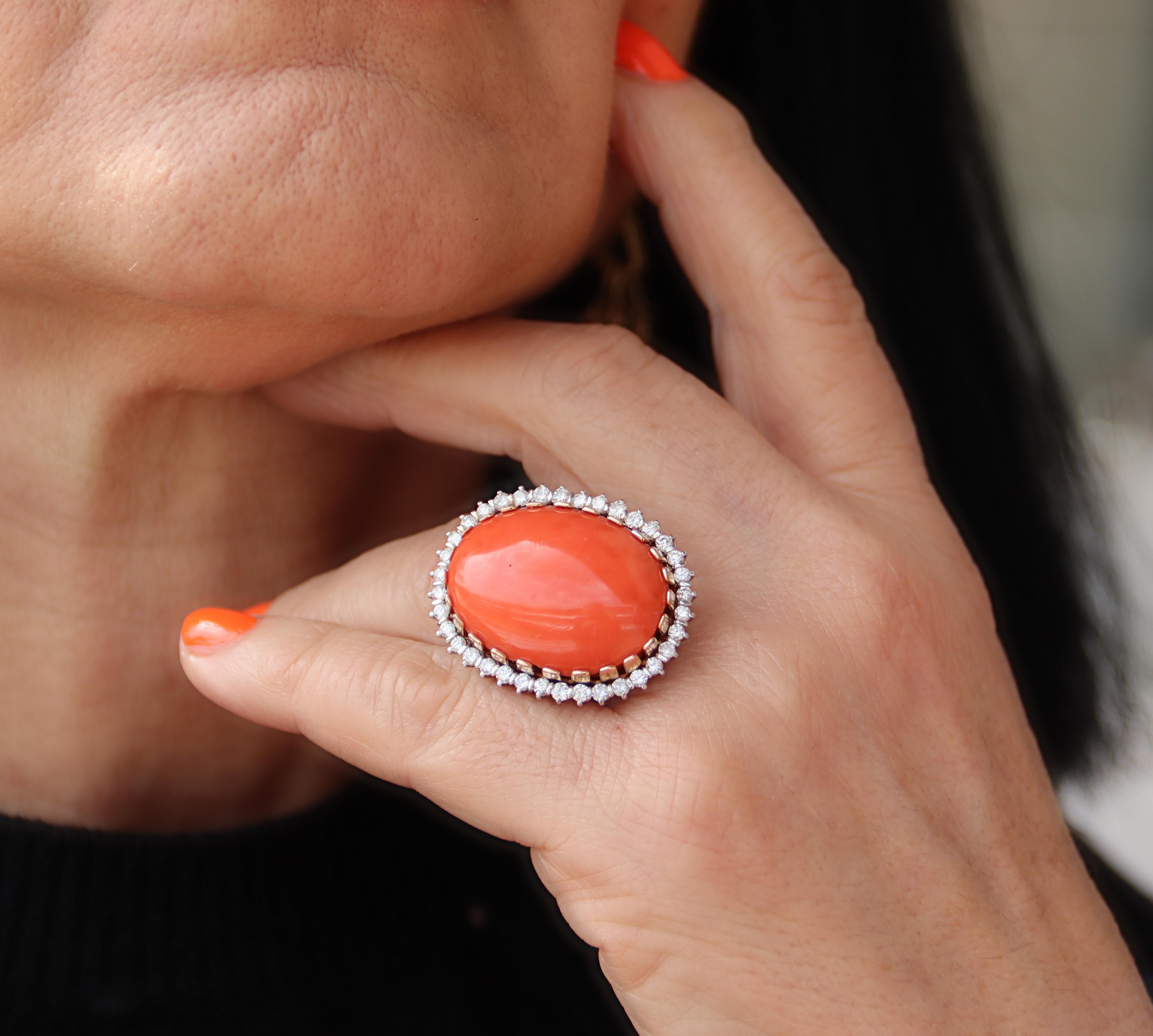 Coral Diamonds 18 Karat Yellow And White Gold Cocktail Ring For Sale 4
