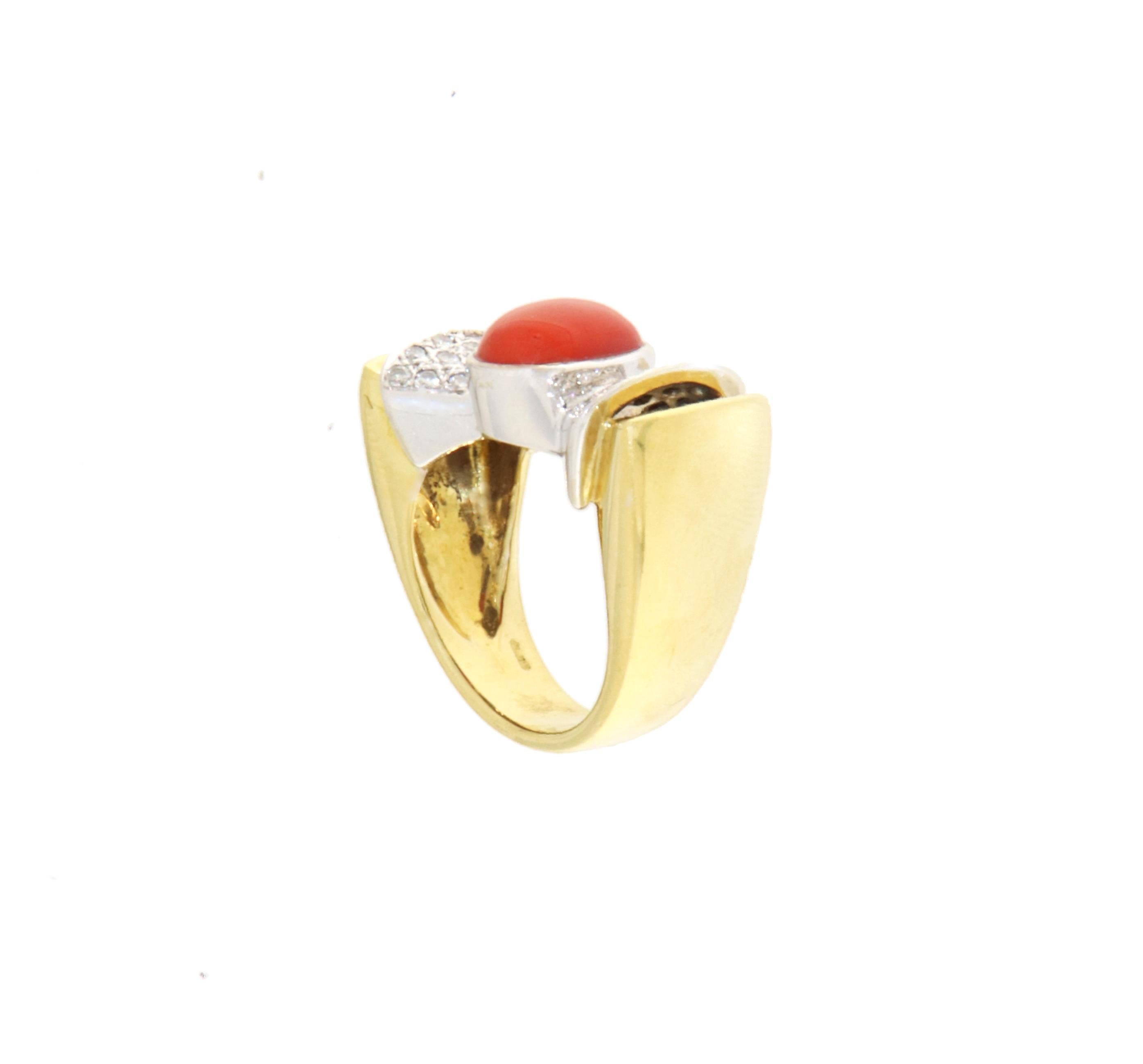 Retro Coral Diamonds 18 Karat Yellow And White Gold Cocktail Ring For Sale