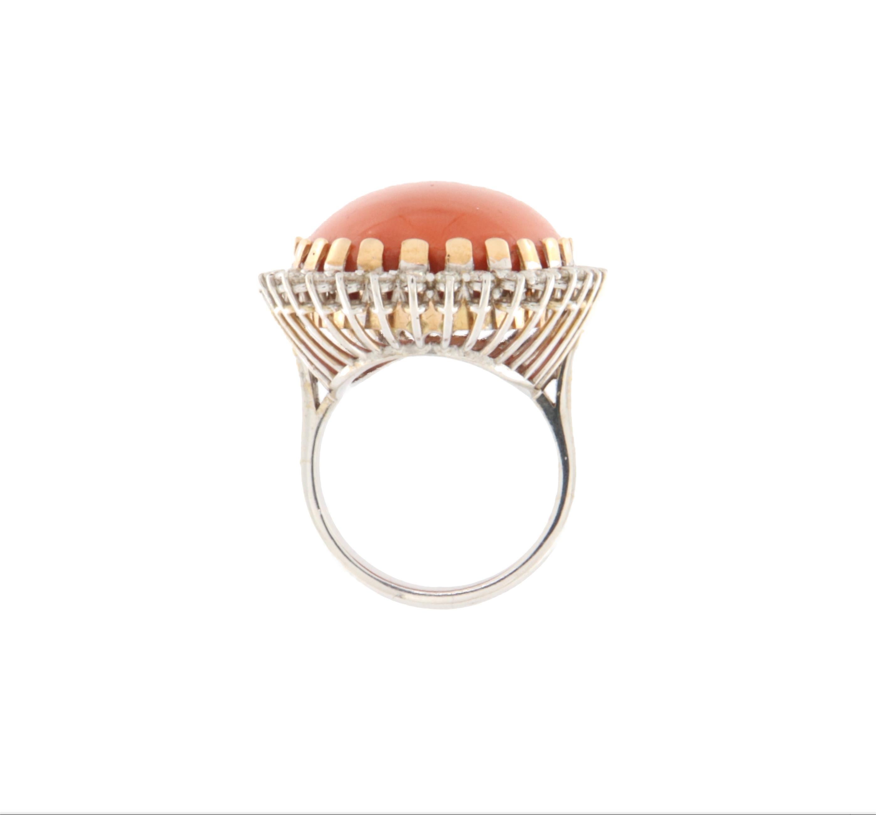 Retro Coral Diamonds 18 Karat Yellow And White Gold Cocktail Ring For Sale