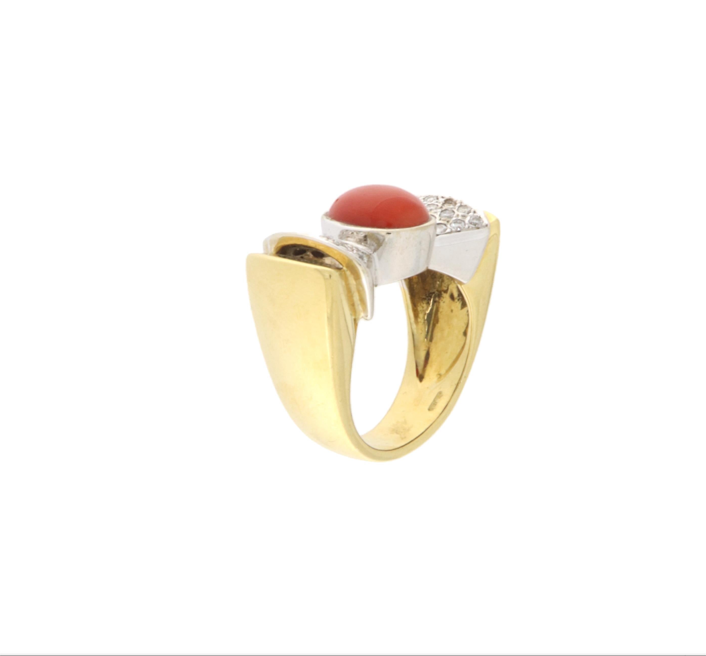 Brilliant Cut Coral Diamonds 18 Karat Yellow And White Gold Cocktail Ring For Sale