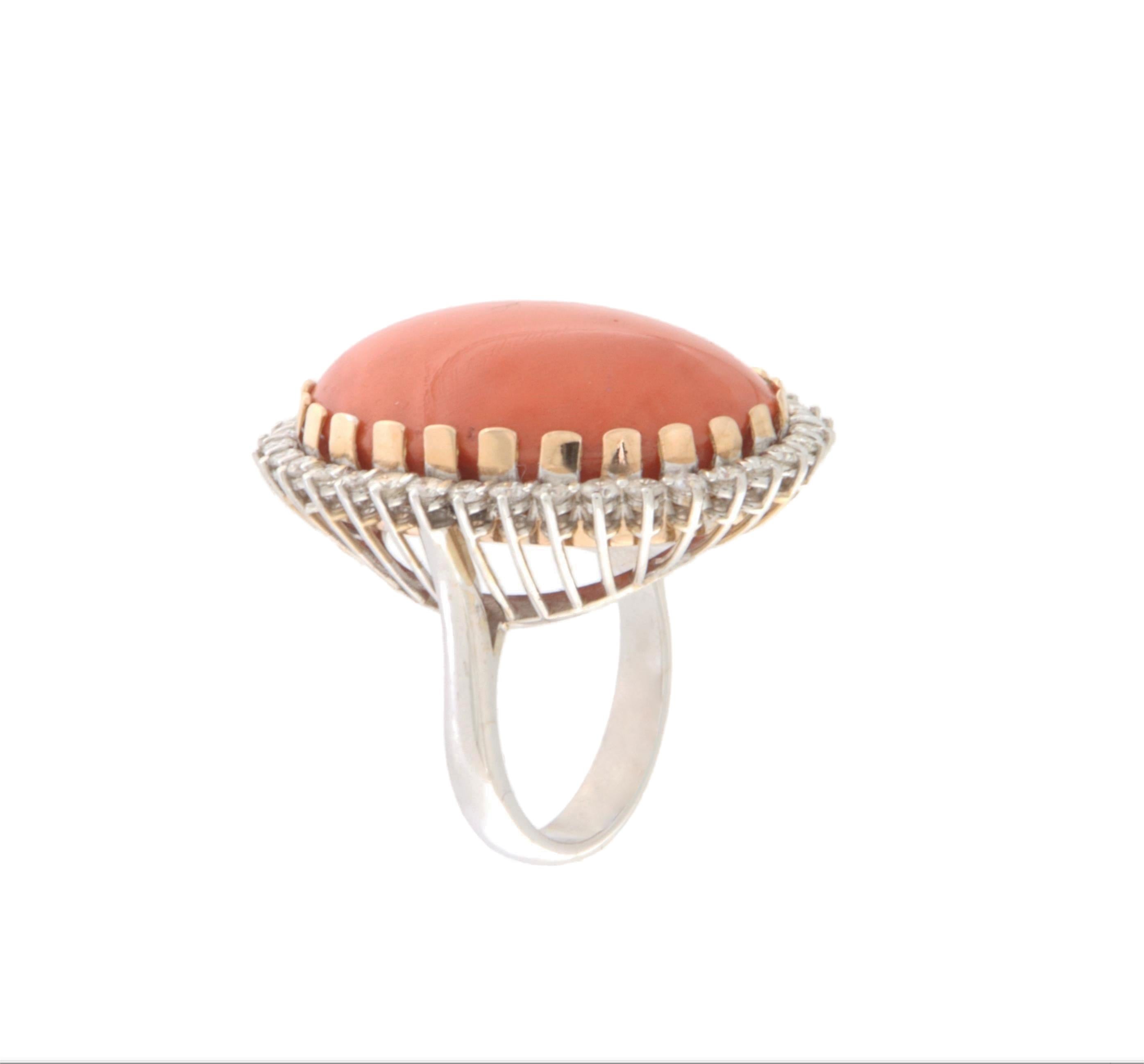 Brilliant Cut Coral Diamonds 18 Karat Yellow And White Gold Cocktail Ring For Sale