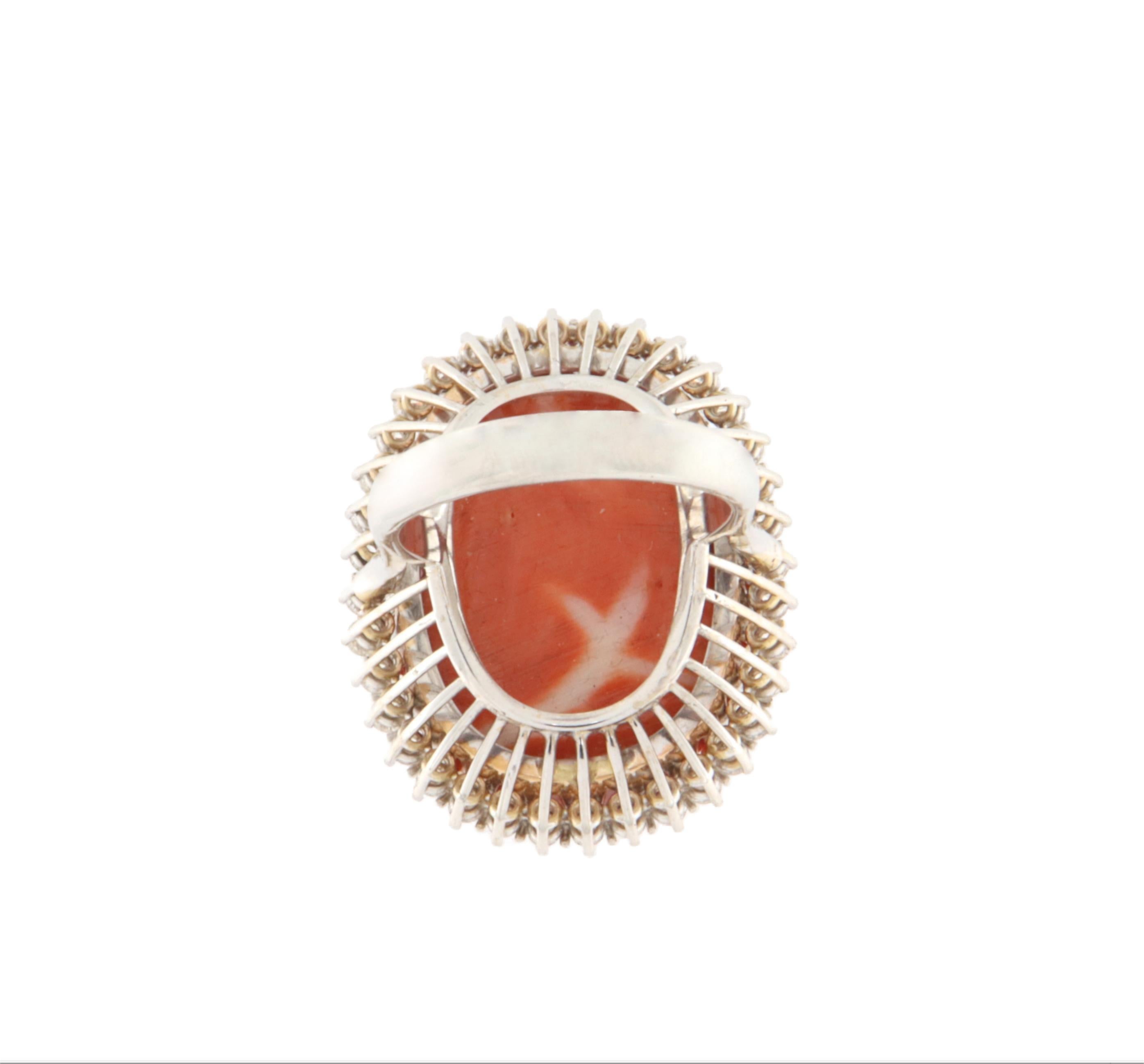 Coral Diamonds 18 Karat Yellow And White Gold Cocktail Ring In New Condition For Sale In Marcianise, IT