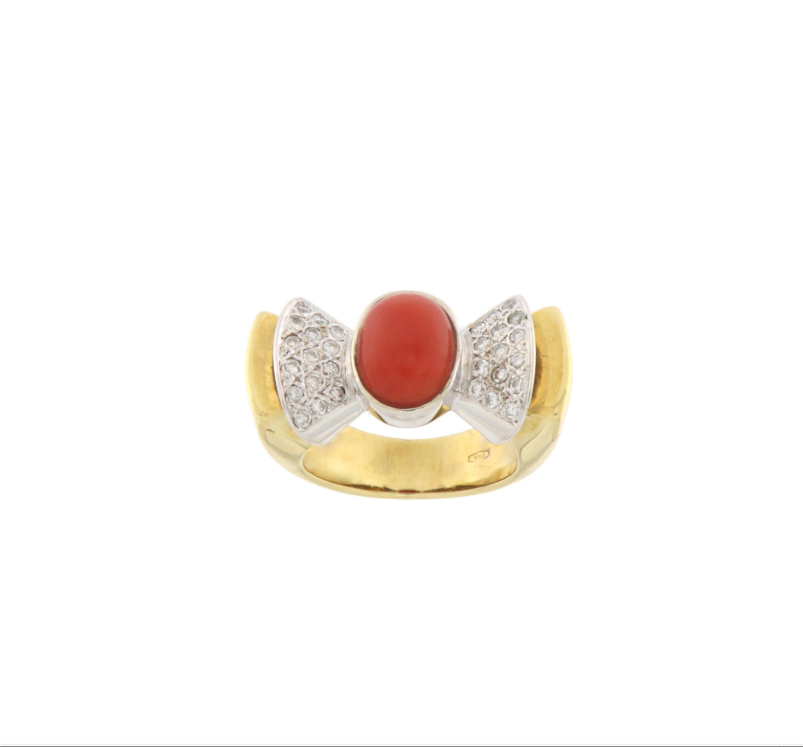 Women's Coral Diamonds 18 Karat Yellow And White Gold Cocktail Ring For Sale