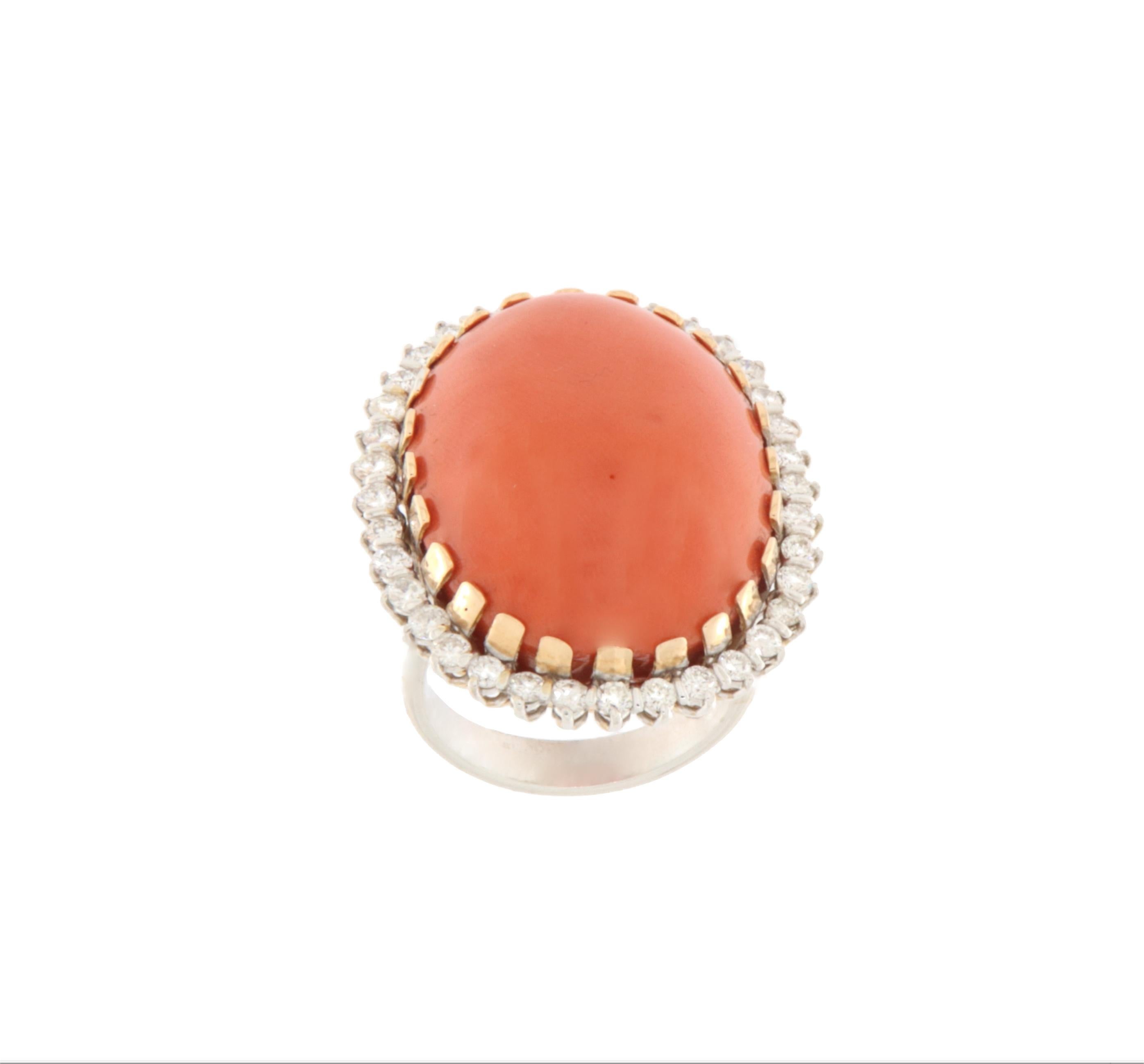 Women's Coral Diamonds 18 Karat Yellow And White Gold Cocktail Ring For Sale