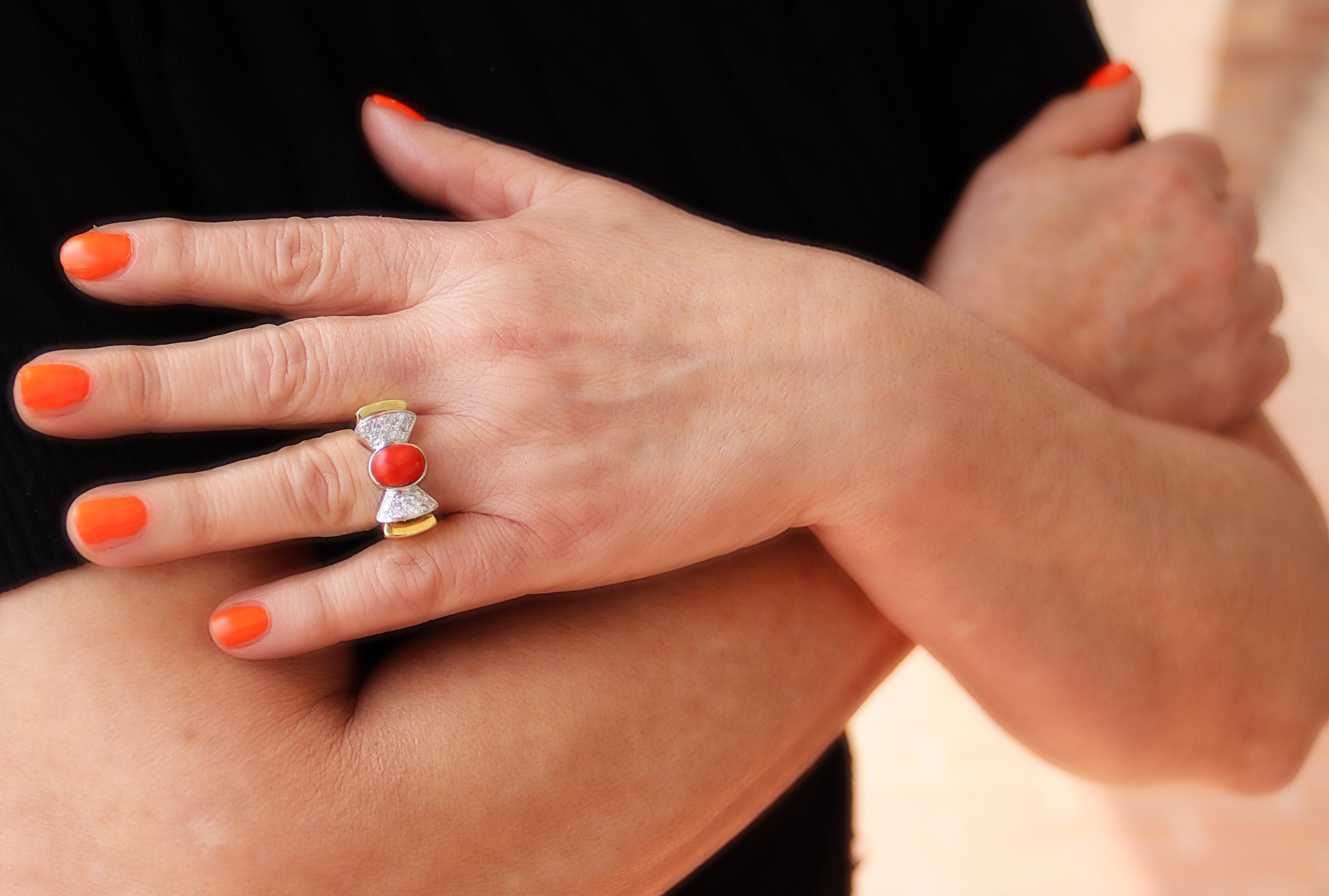 Coral Diamonds 18 Karat Yellow And White Gold Cocktail Ring For Sale 1