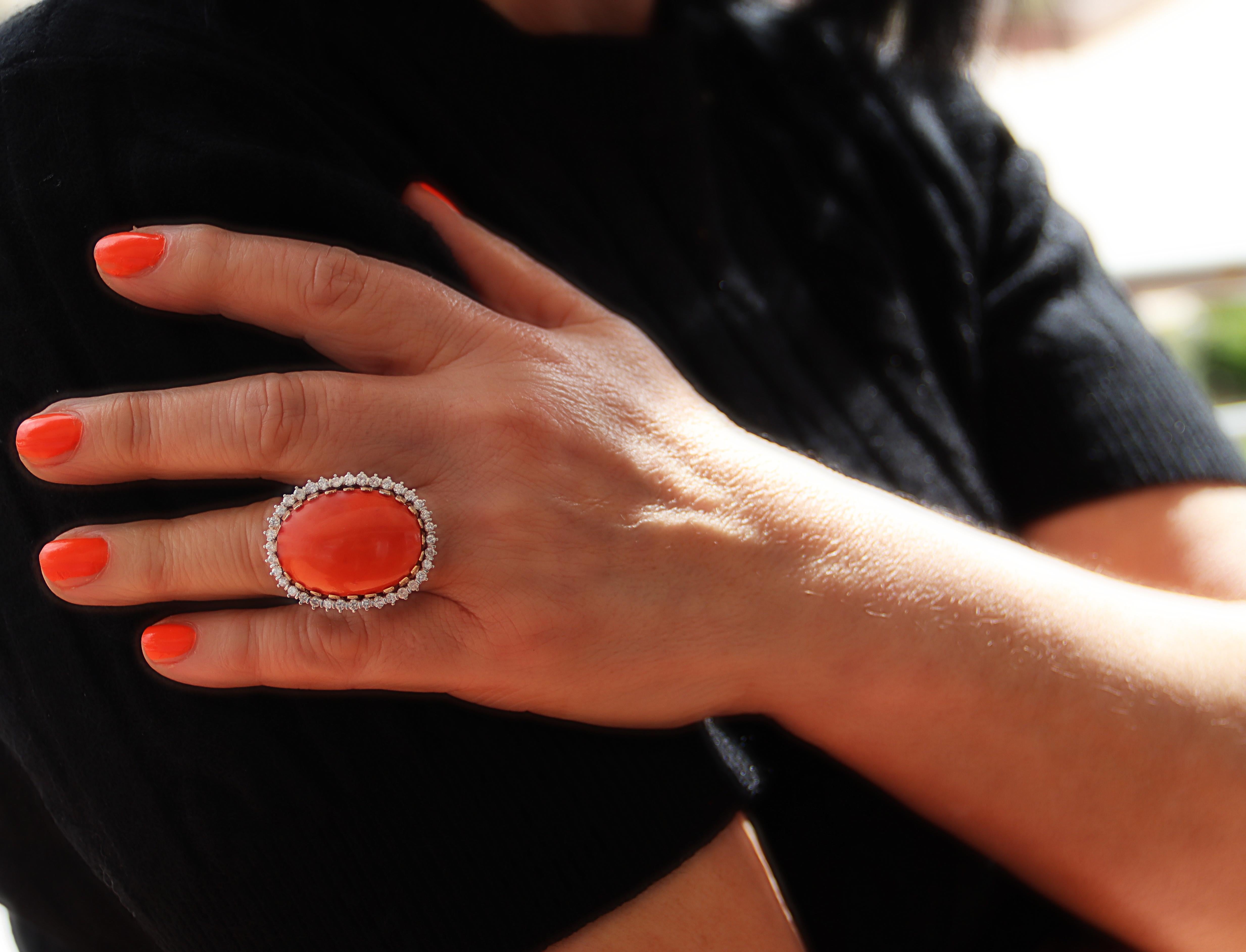 Coral Diamonds 18 Karat Yellow And White Gold Cocktail Ring For Sale 1