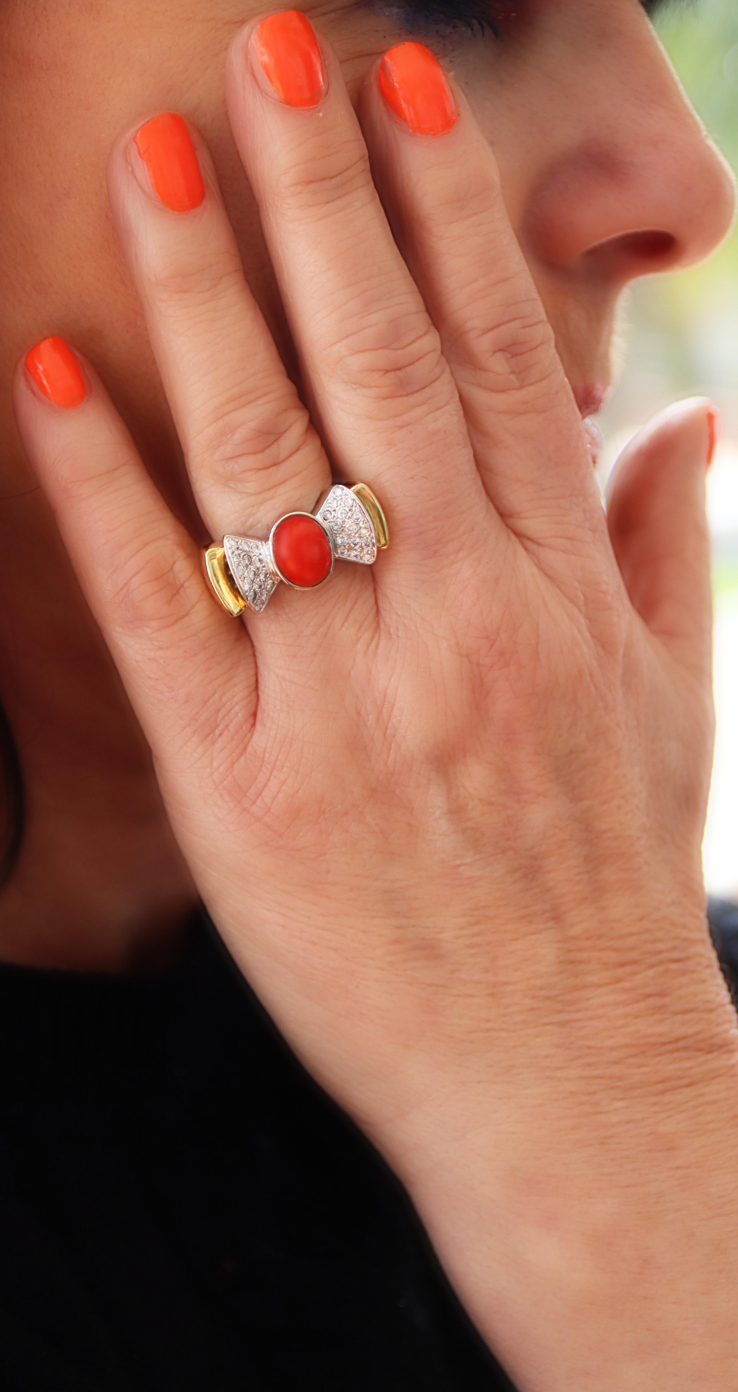 Coral Diamonds 18 Karat Yellow And White Gold Cocktail Ring For Sale 2