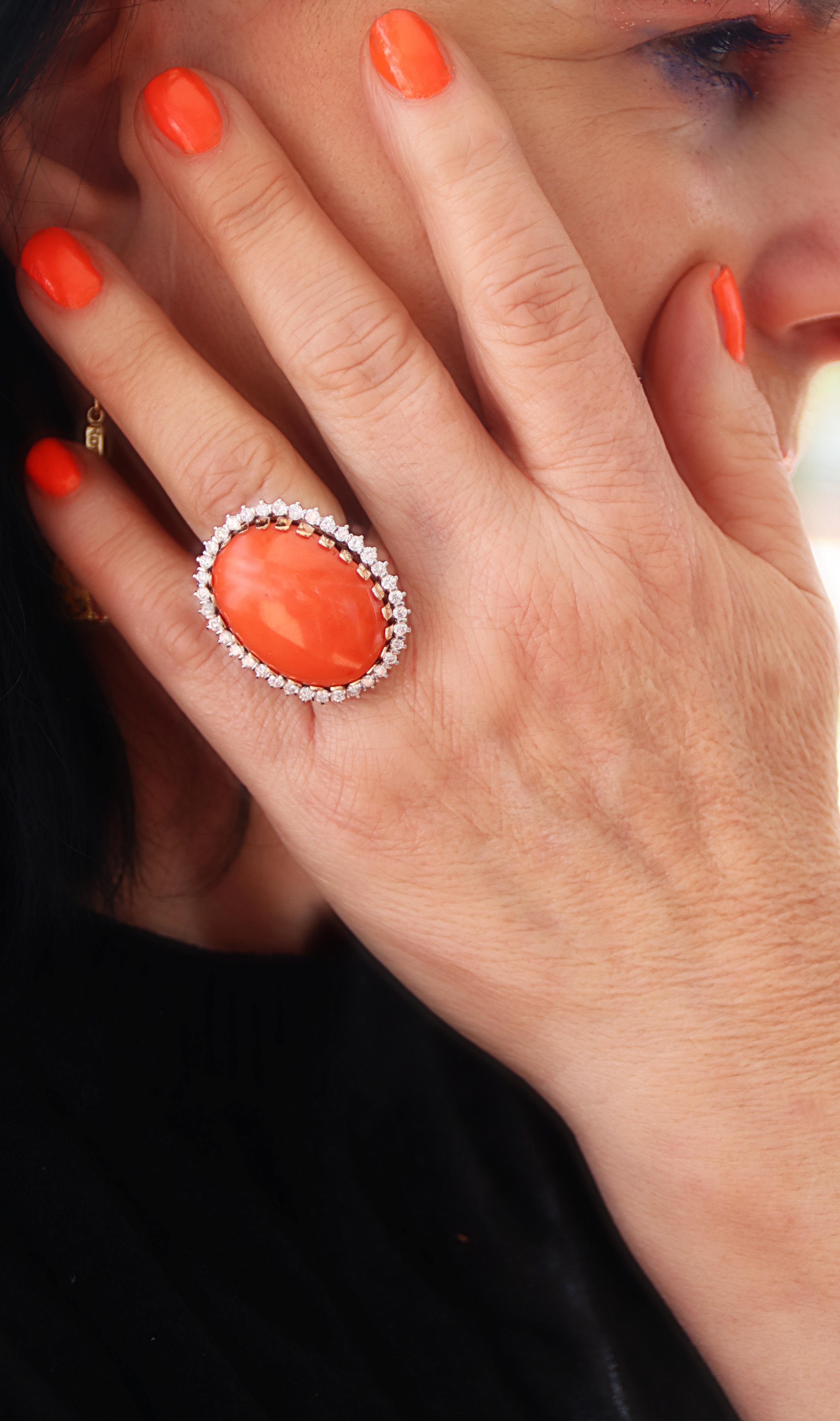 Coral Diamonds 18 Karat Yellow And White Gold Cocktail Ring For Sale 2