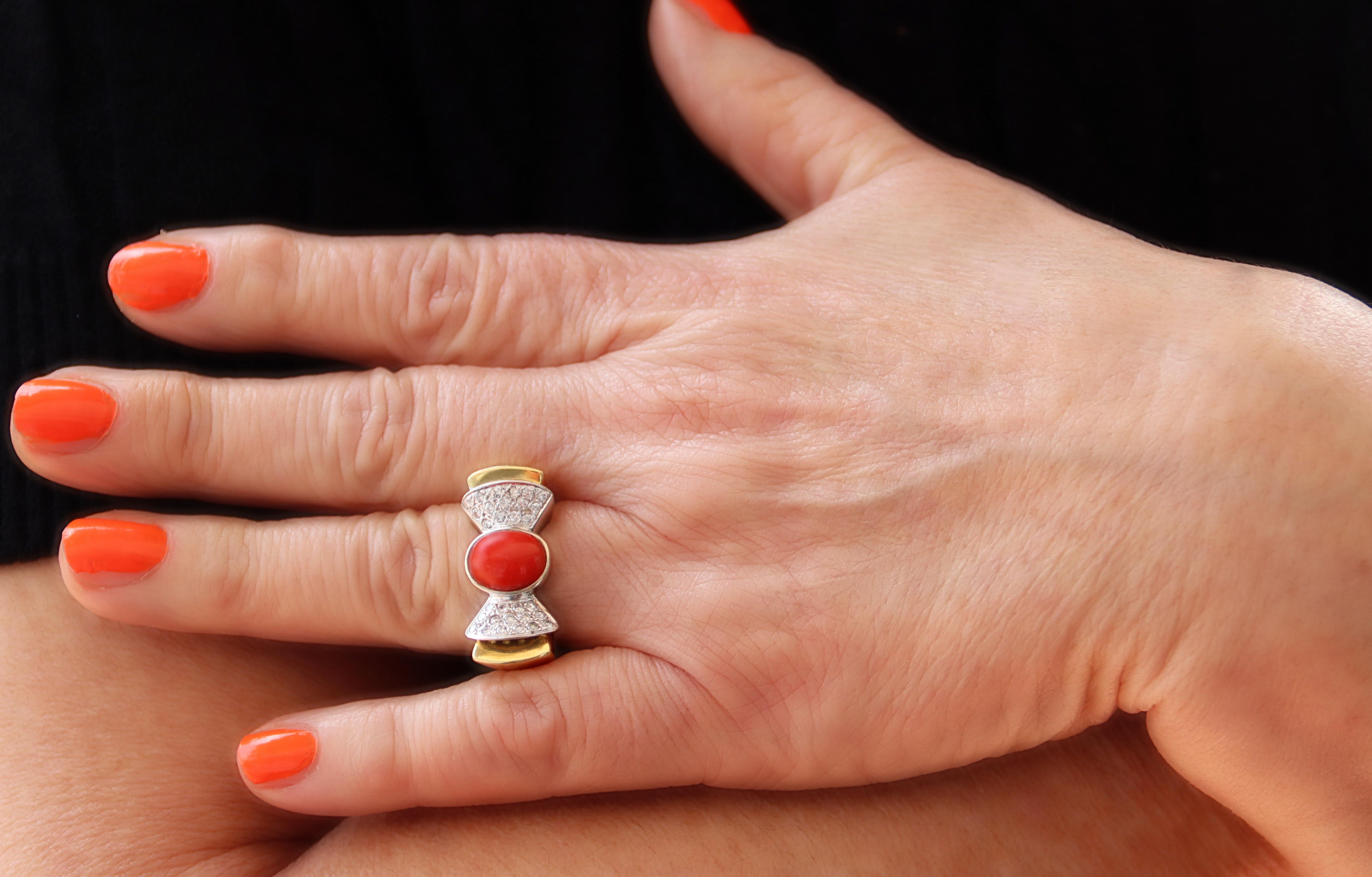 Coral Diamonds 18 Karat Yellow And White Gold Cocktail Ring For Sale 3