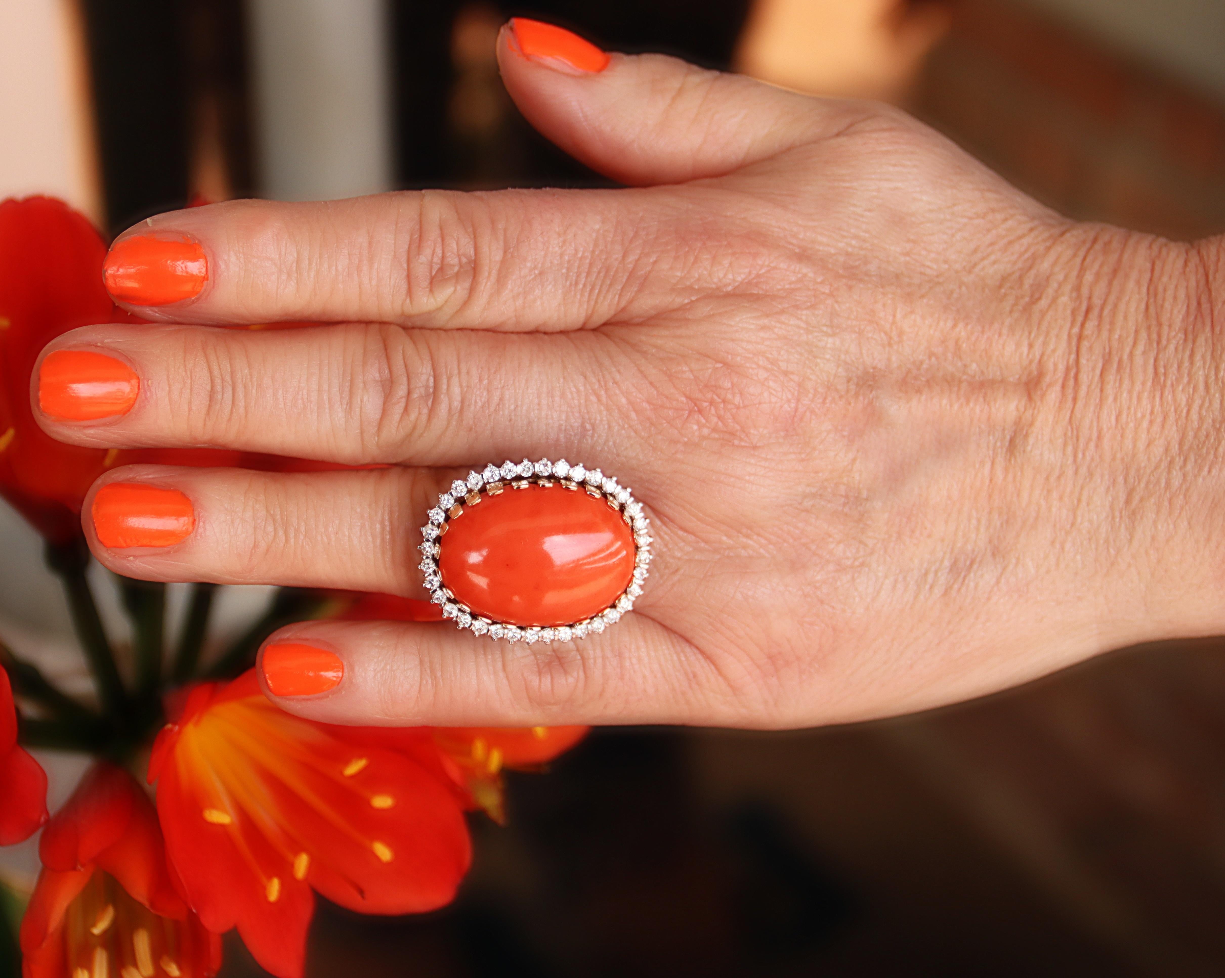 Coral Diamonds 18 Karat Yellow And White Gold Cocktail Ring For Sale 3