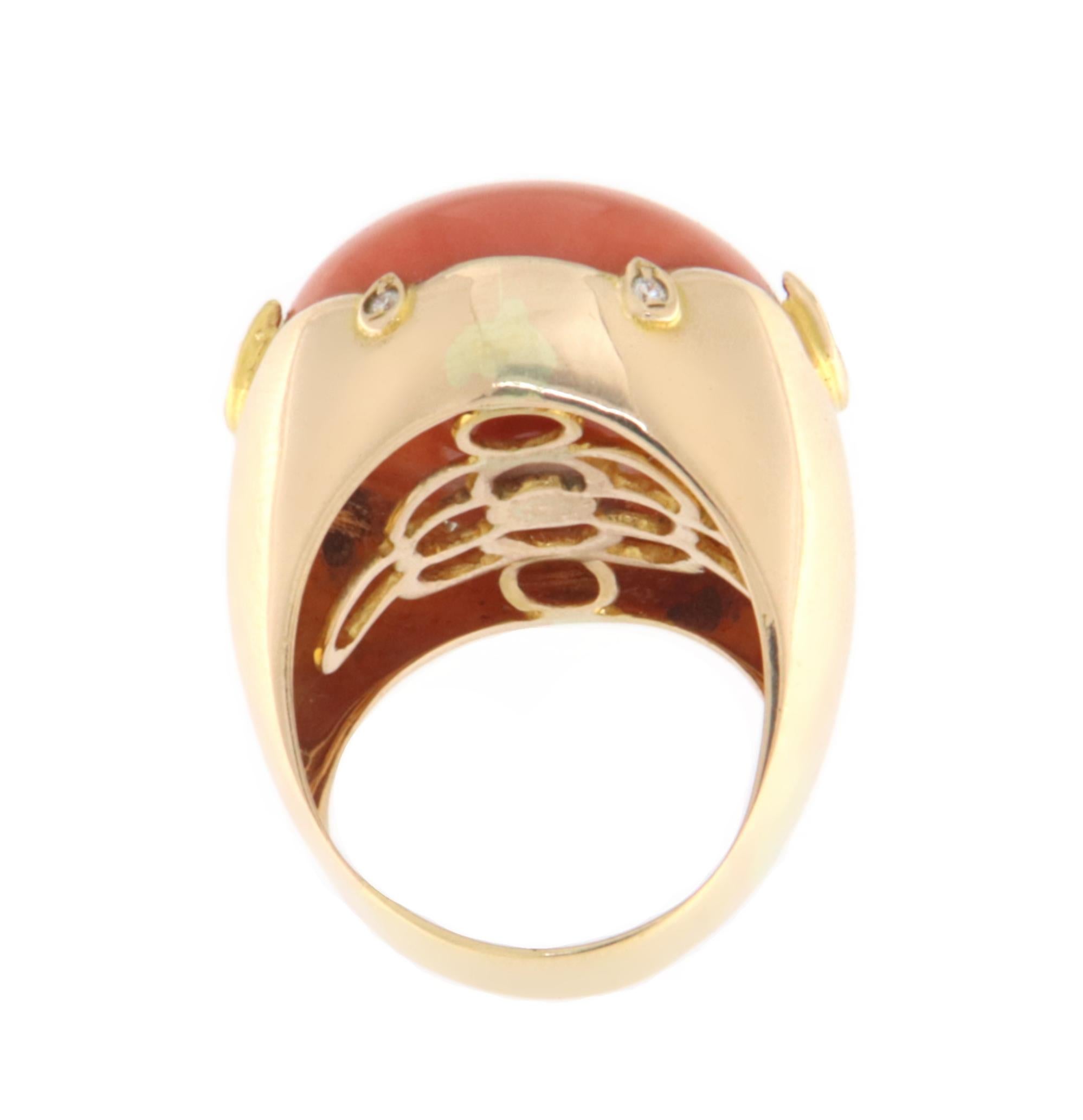 Artisan Coral Diamonds 18 Karat Yellow Gold Cocktail Ring For Sale