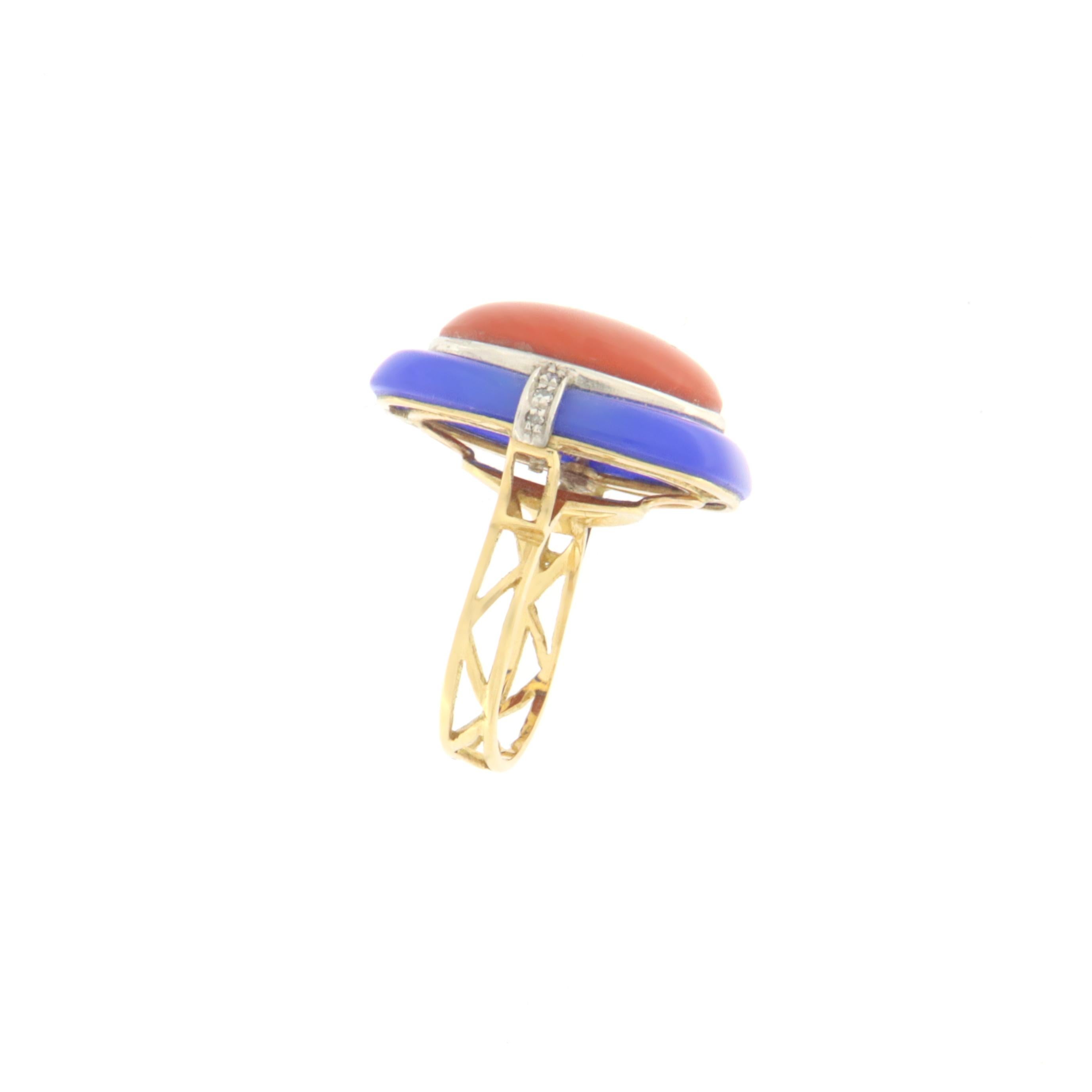 Round Cut Coral Diamonds 18 Karat Yellow Gold Cocktail Ring For Sale