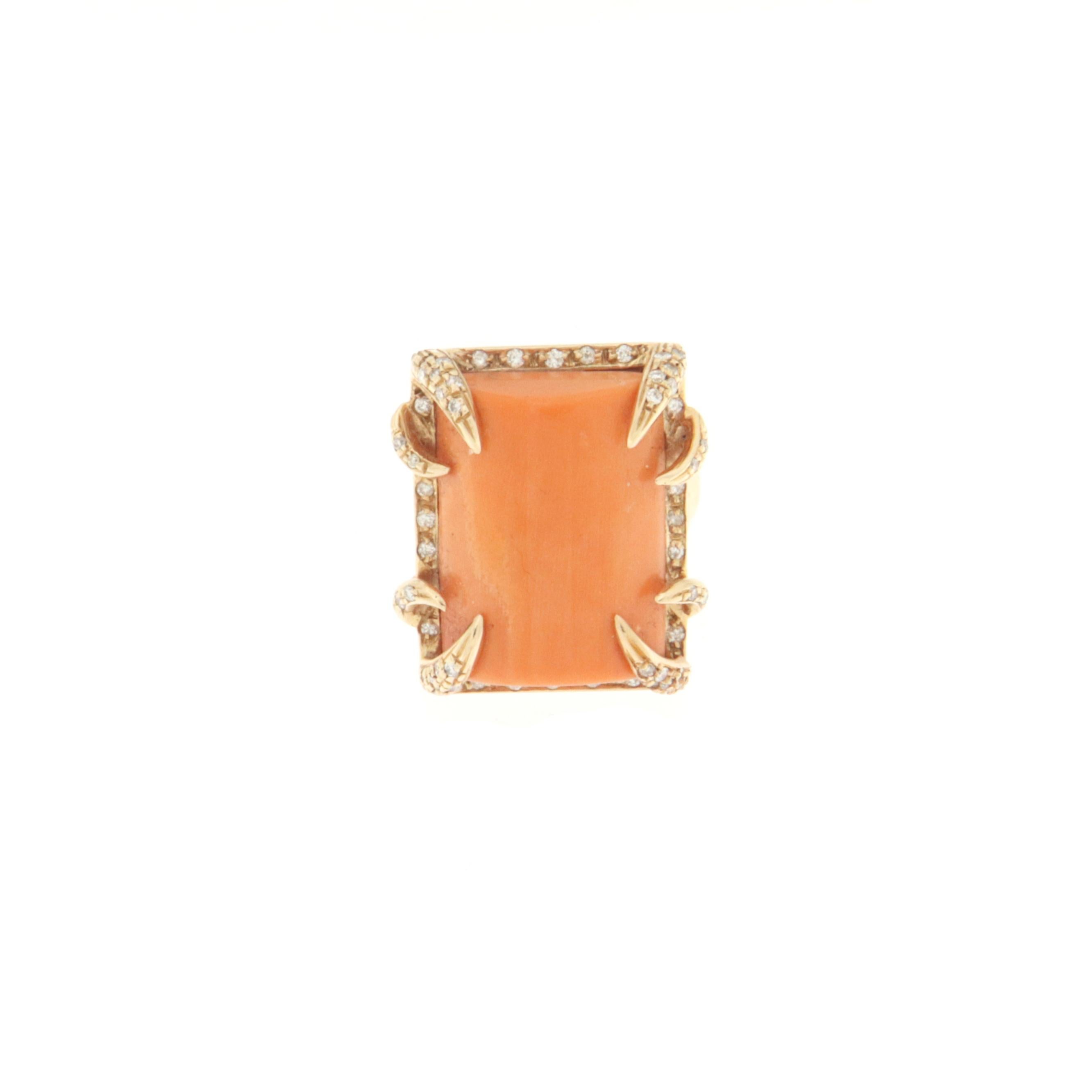 Women's Coral Diamonds 18 Karat Yellow Gold Cocktail Ring For Sale