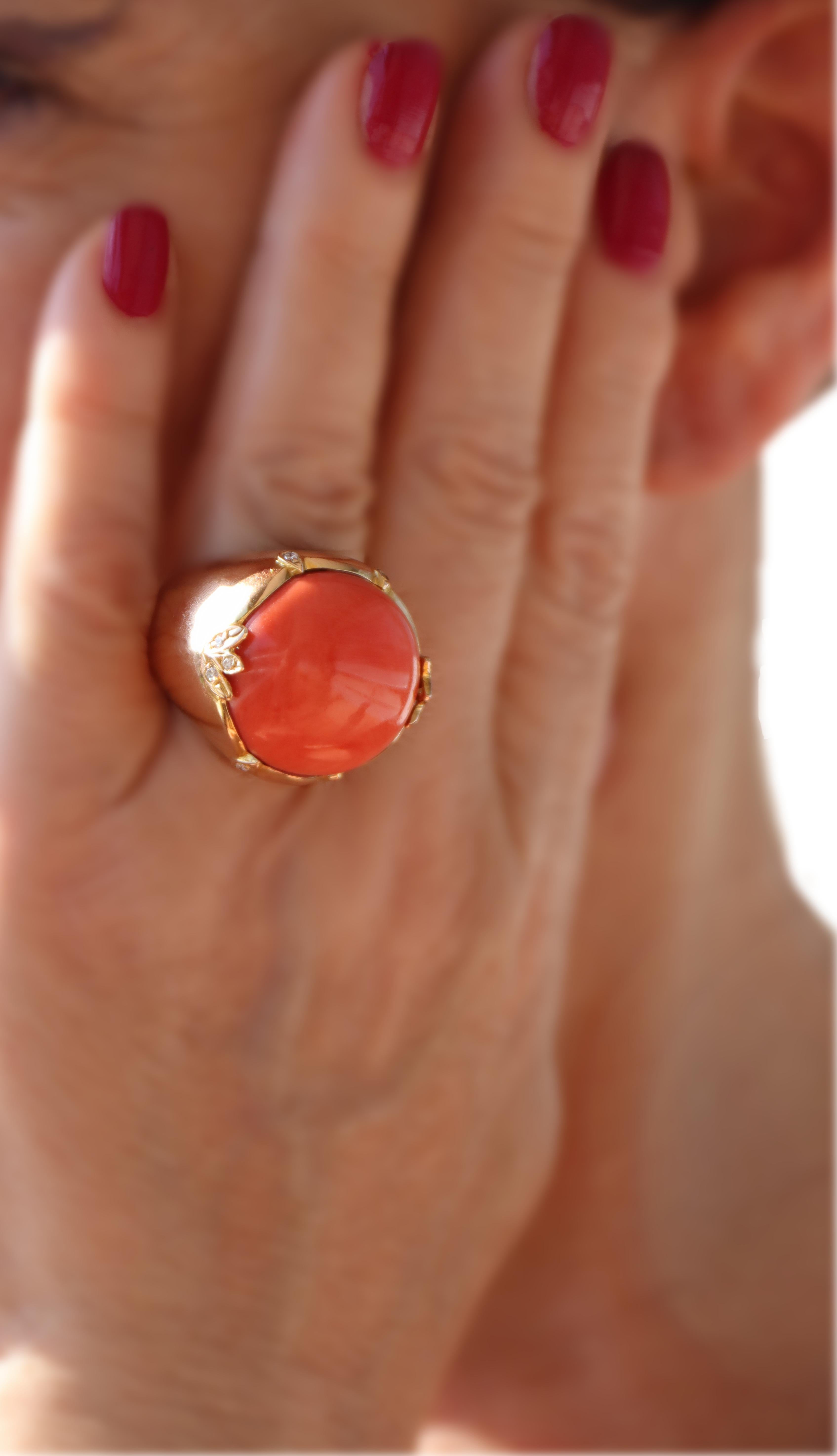 Coral Diamonds 18 Karat Yellow Gold Cocktail Ring For Sale 2
