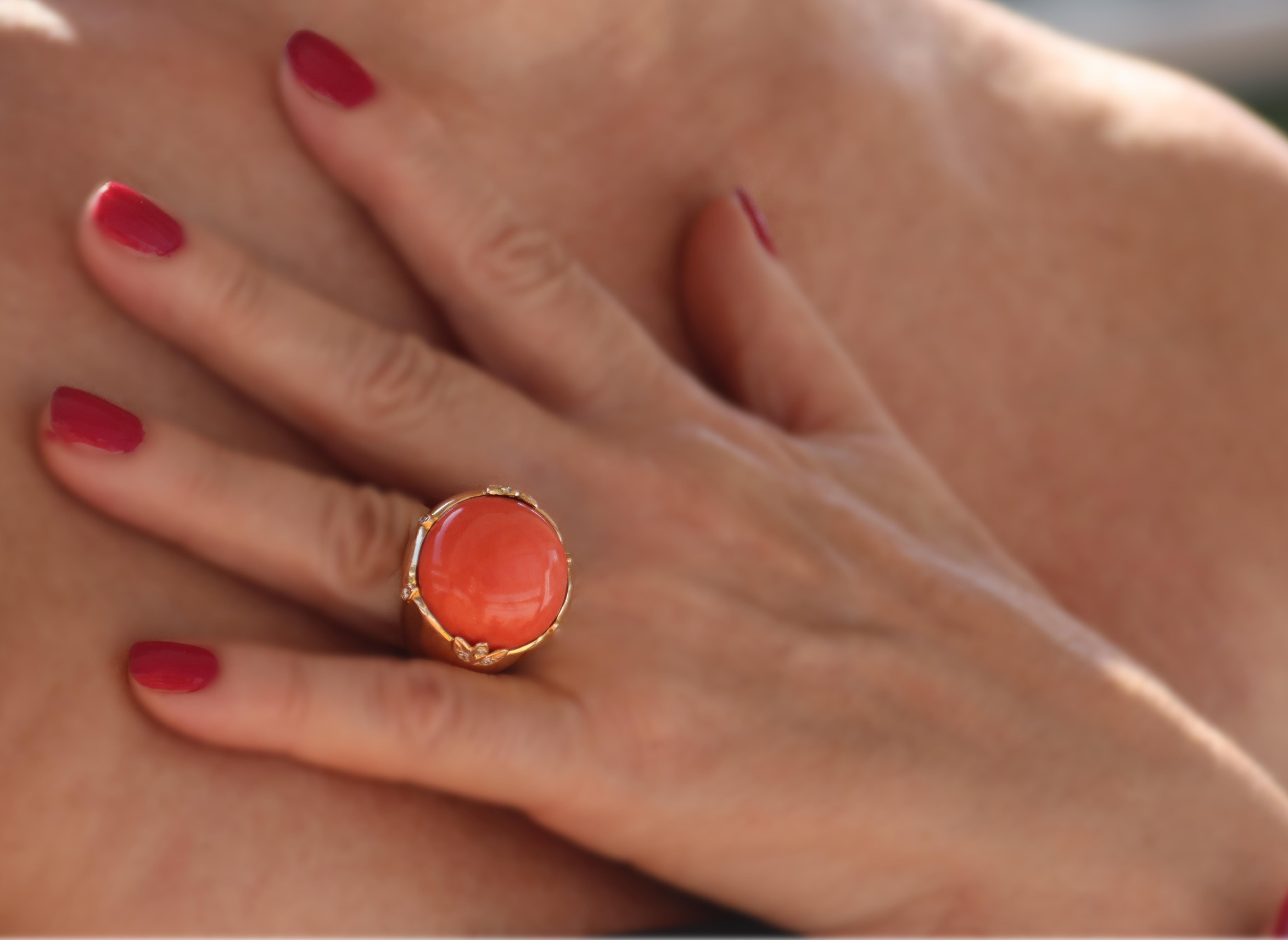 Coral Diamonds 18 Karat Yellow Gold Cocktail Ring For Sale 3