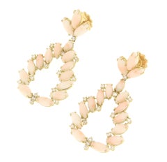 Vintage Diamond and Angel-Skin Pink Coral Baguette Earrings in 18K Yellow Gold