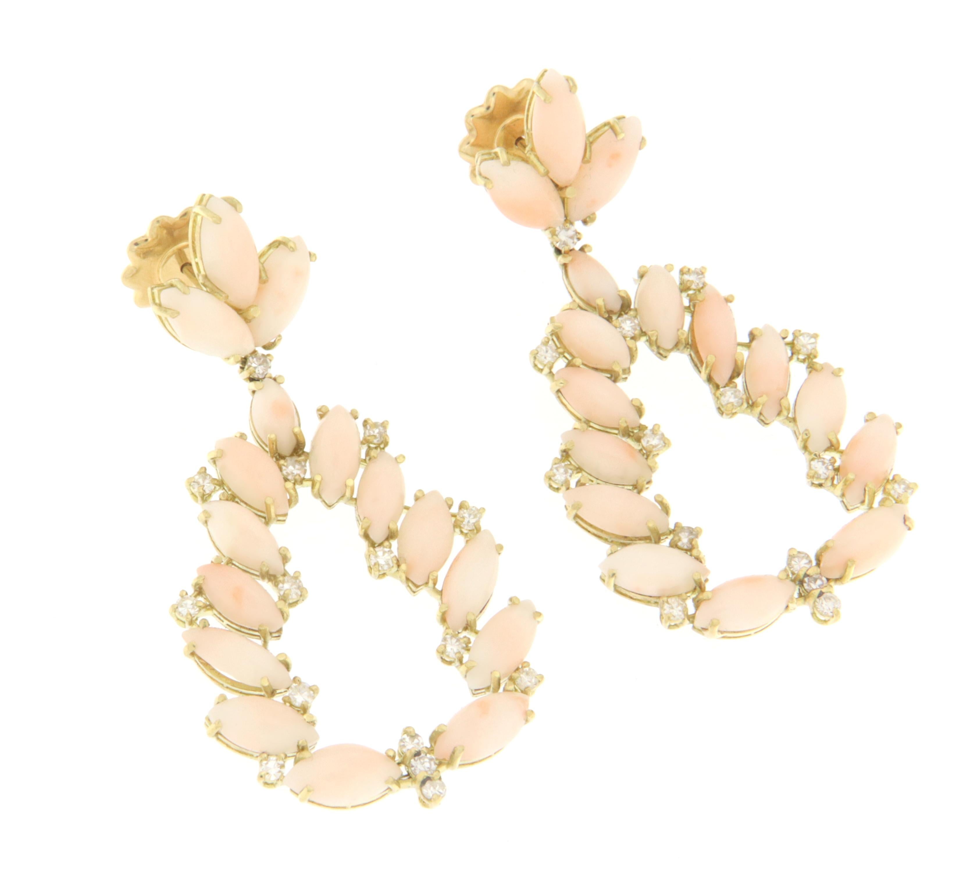 Artisan Coral Diamonds 18 Karat Yellow Gold Drop Earrings For Sale