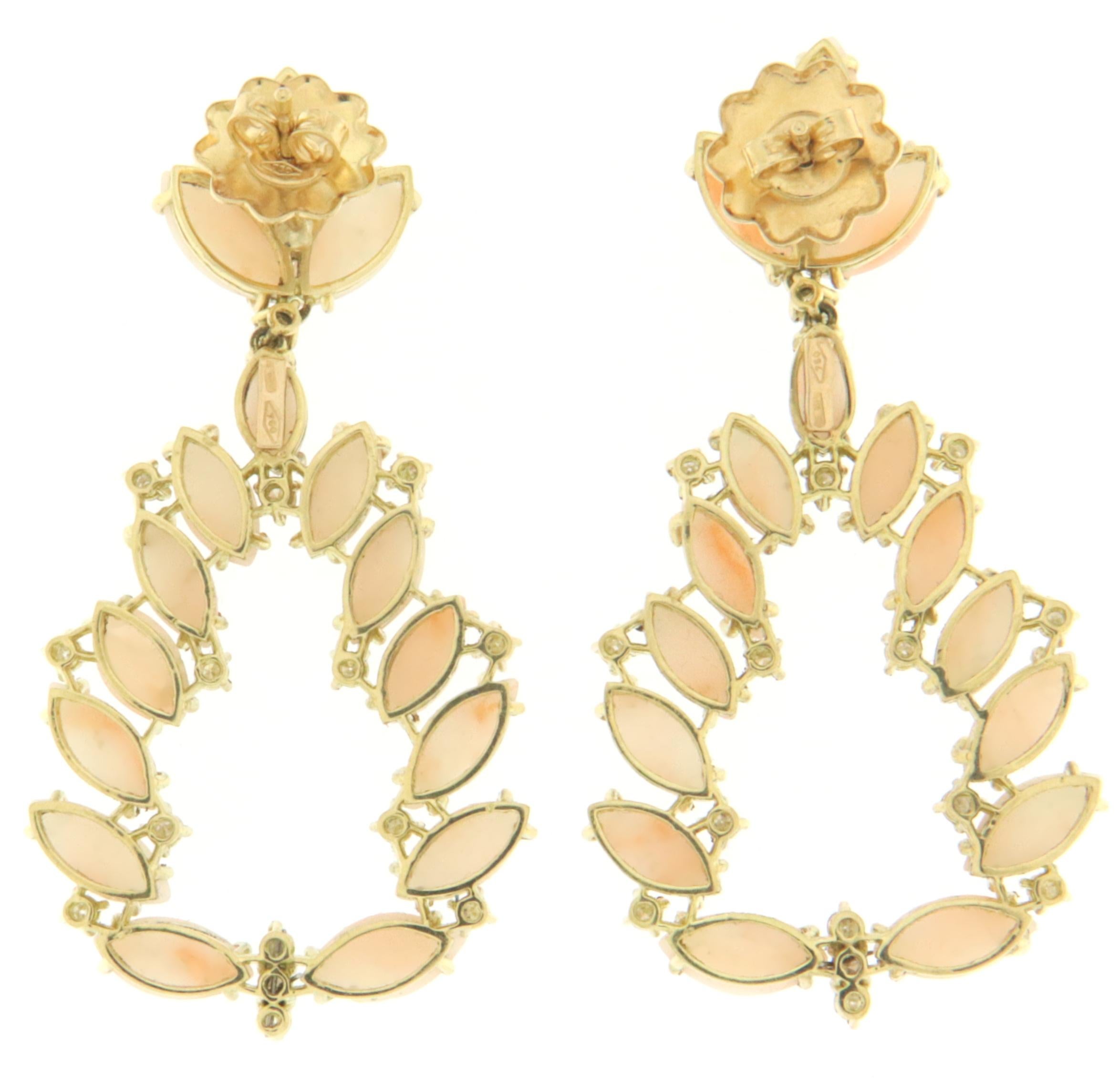 Brilliant Cut Coral Diamonds 18 Karat Yellow Gold Drop Earrings For Sale