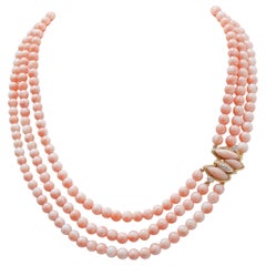 Coral, Diamonds, 18 Karat Yellow Gold Necklace.