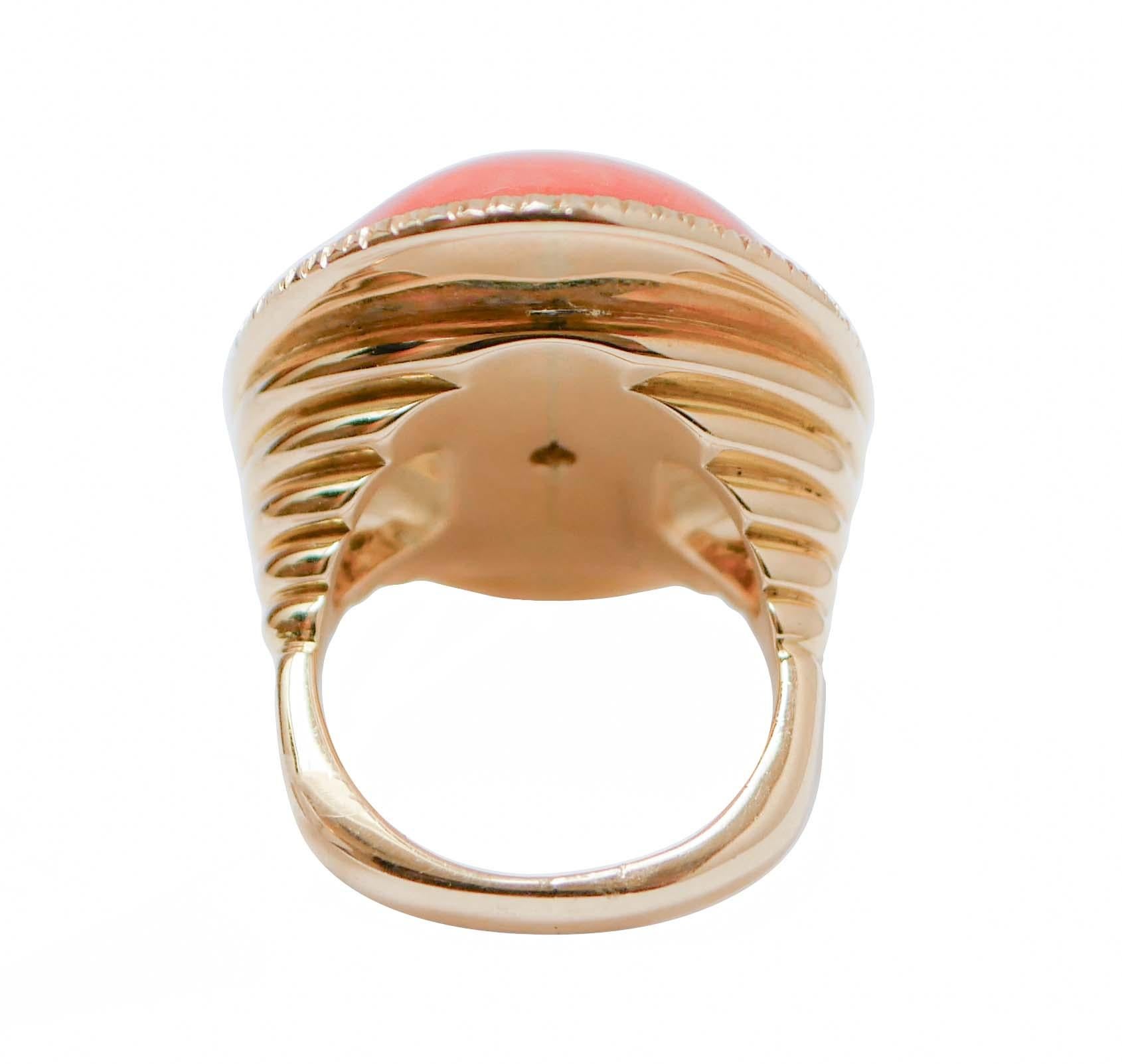 Retro Coral, Diamonds, 18 Karat Yellow Gold Ring. For Sale